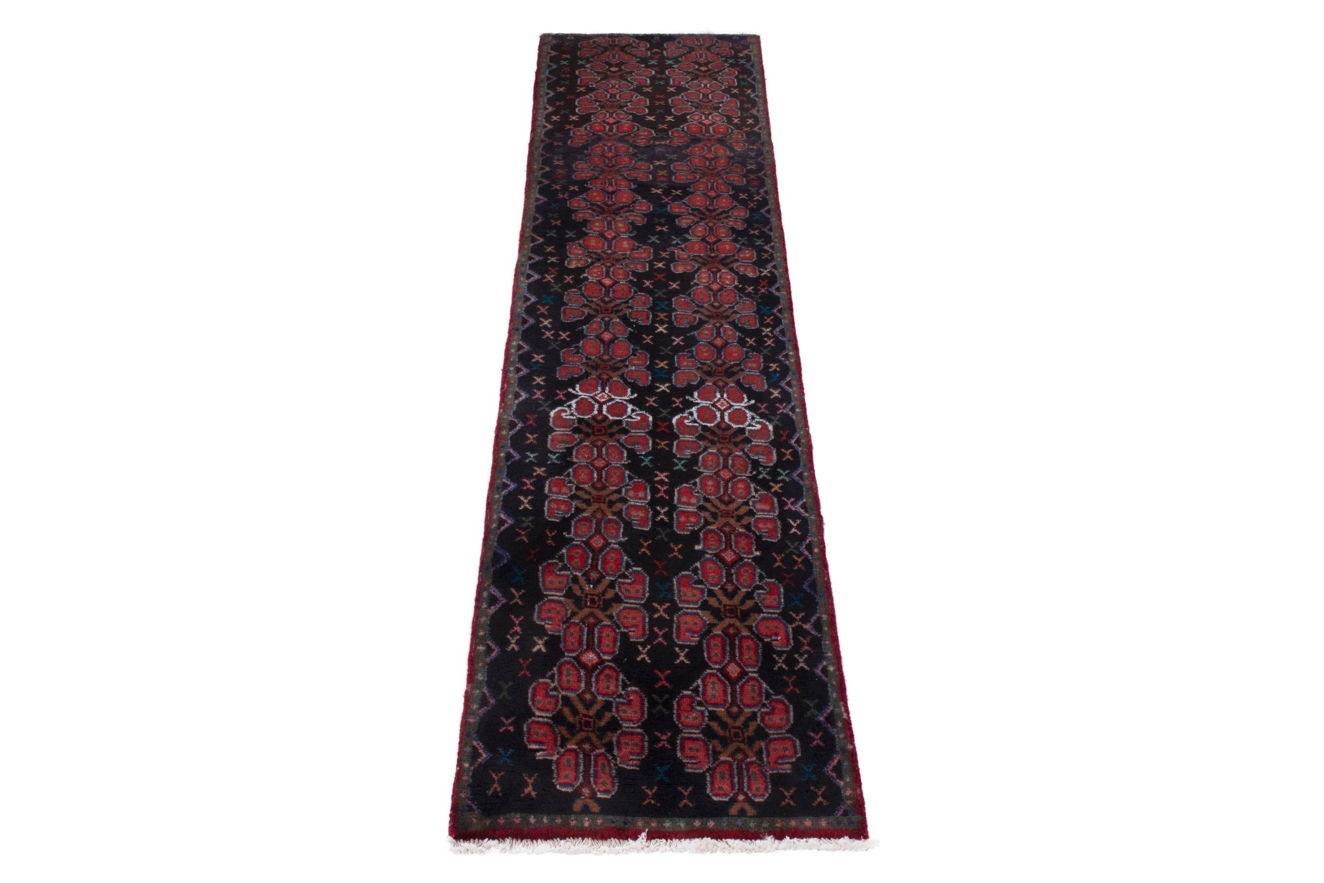 Persian Sanandaj runner rug in navy and burgundy, view 2 of 16