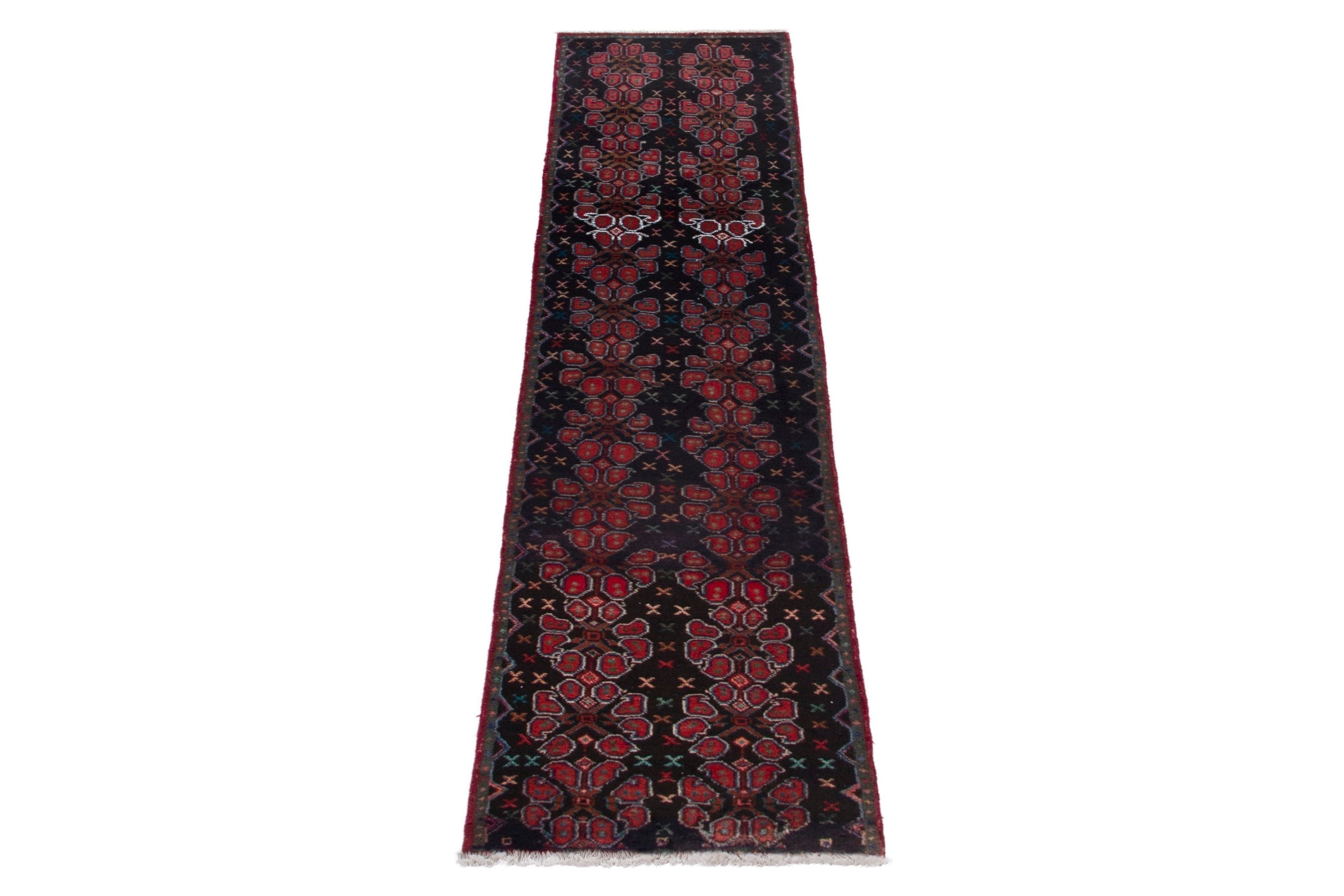 Persian Sanandaj runner rug in navy and burgundy, view 3 of 16