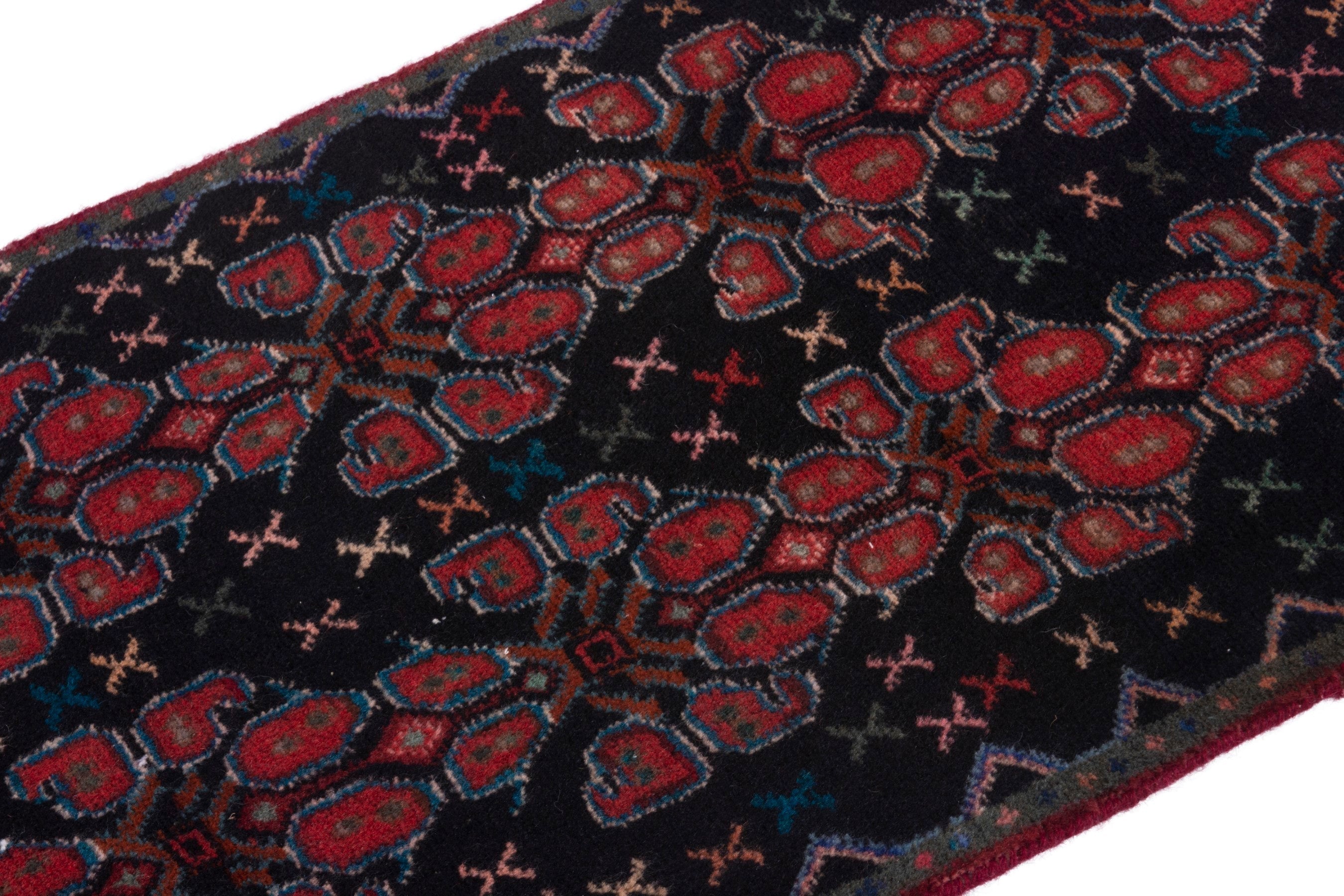 Persian Sanandaj runner rug in navy and burgundy, view 5 of 16