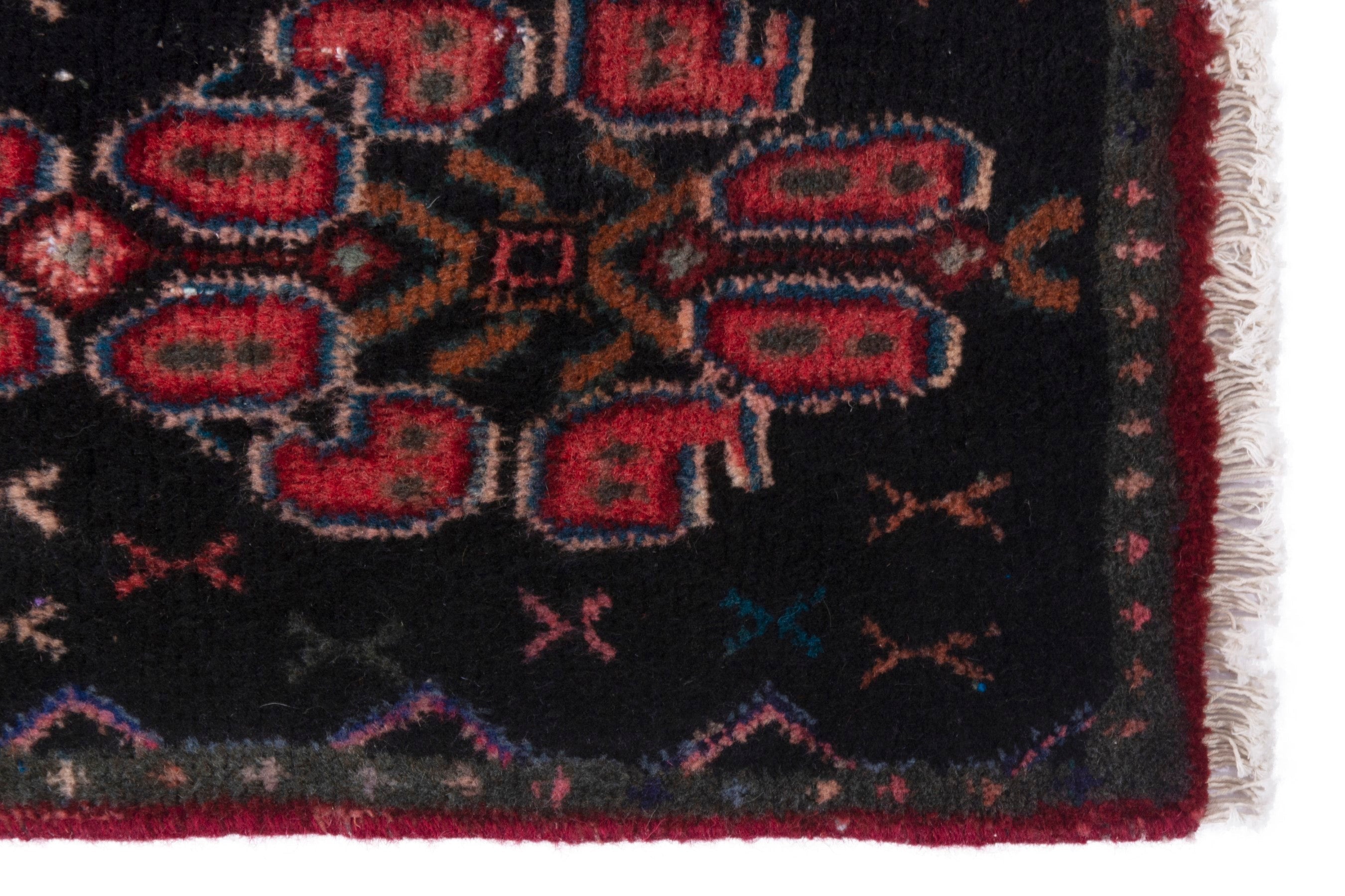 Persian Sanandaj runner rug in navy and burgundy, view 9 of 16