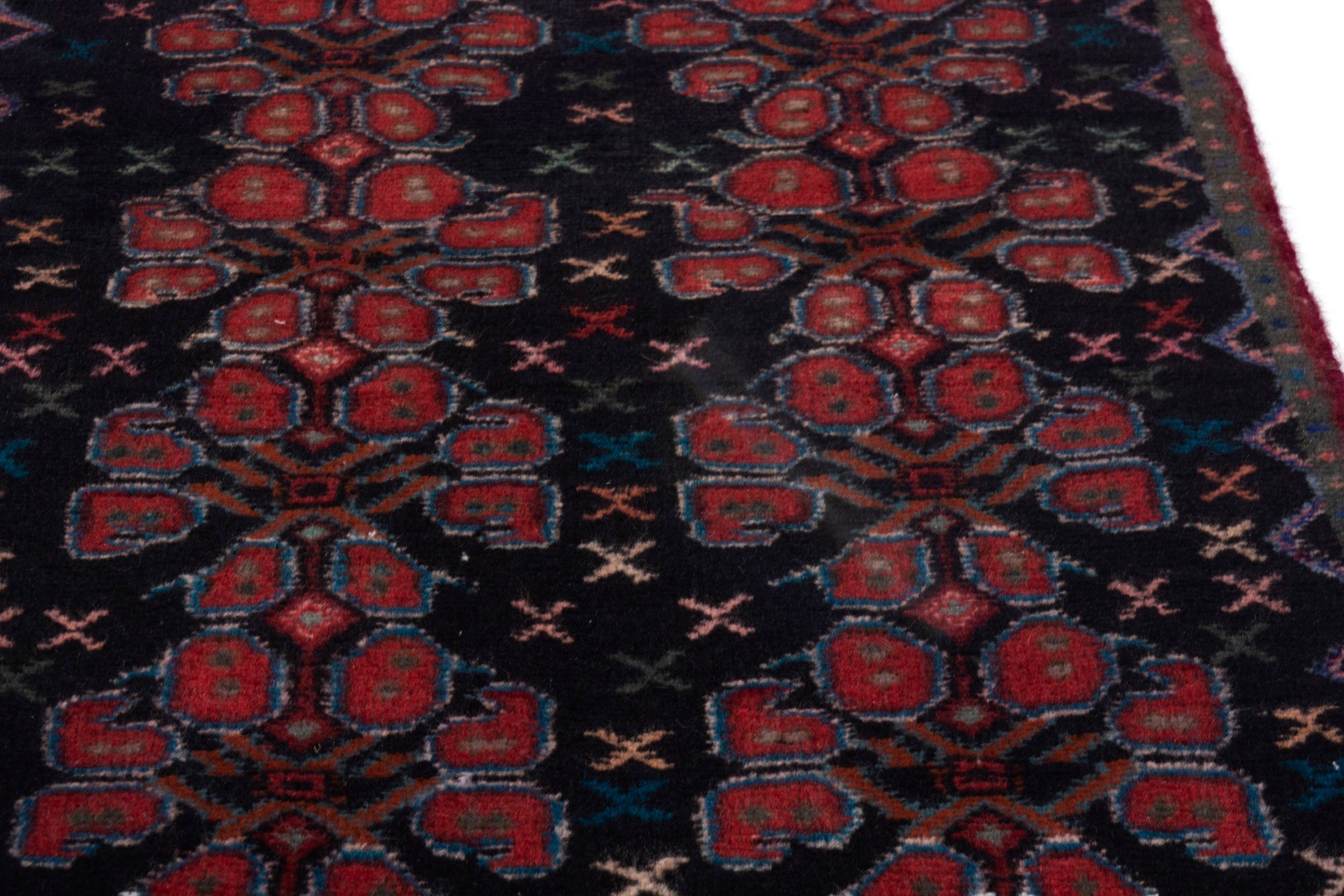 Persian Sanandaj runner rug in navy and burgundy, view 7 of 16