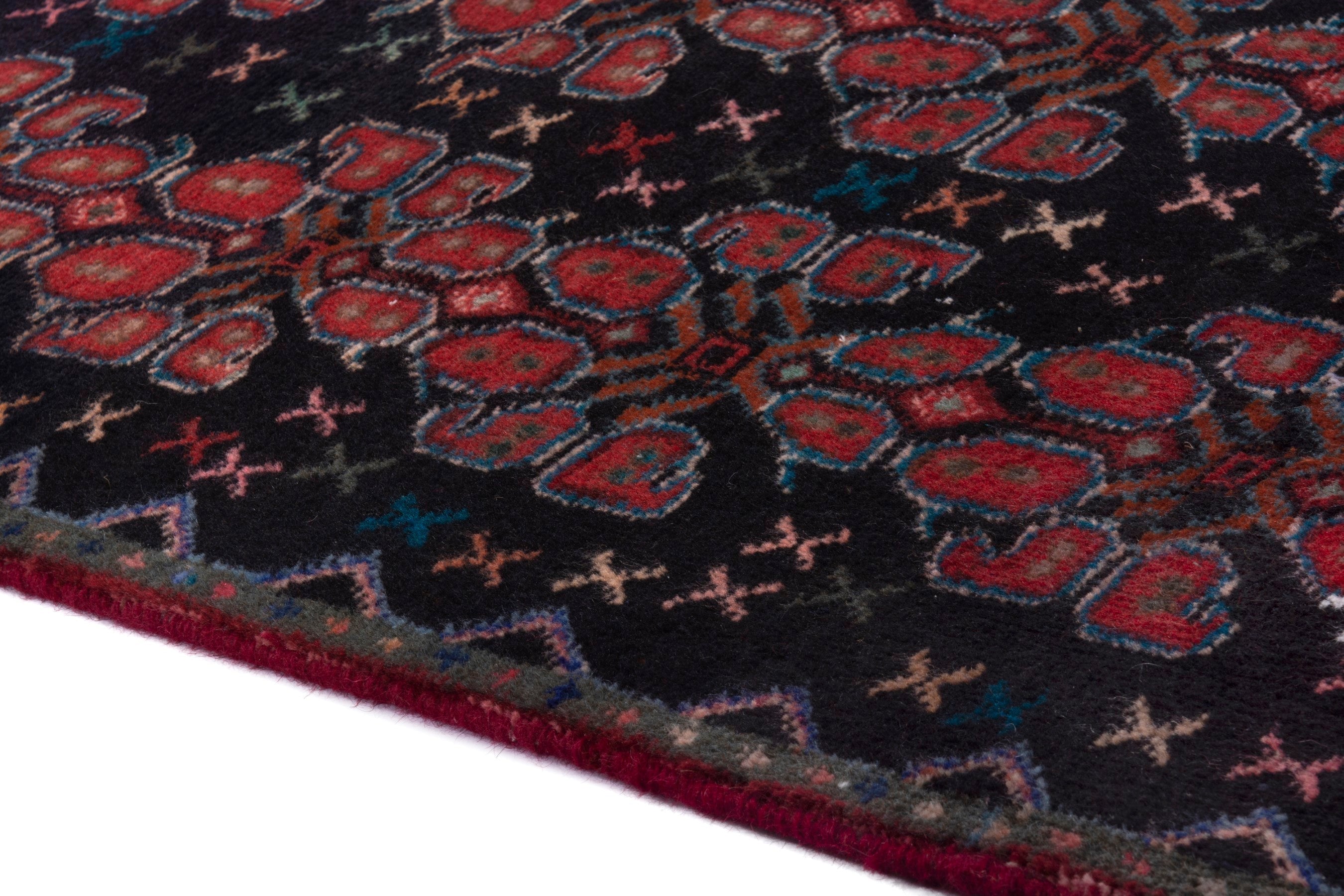 Persian Sanandaj runner rug in navy and burgundy, view 6 of 16