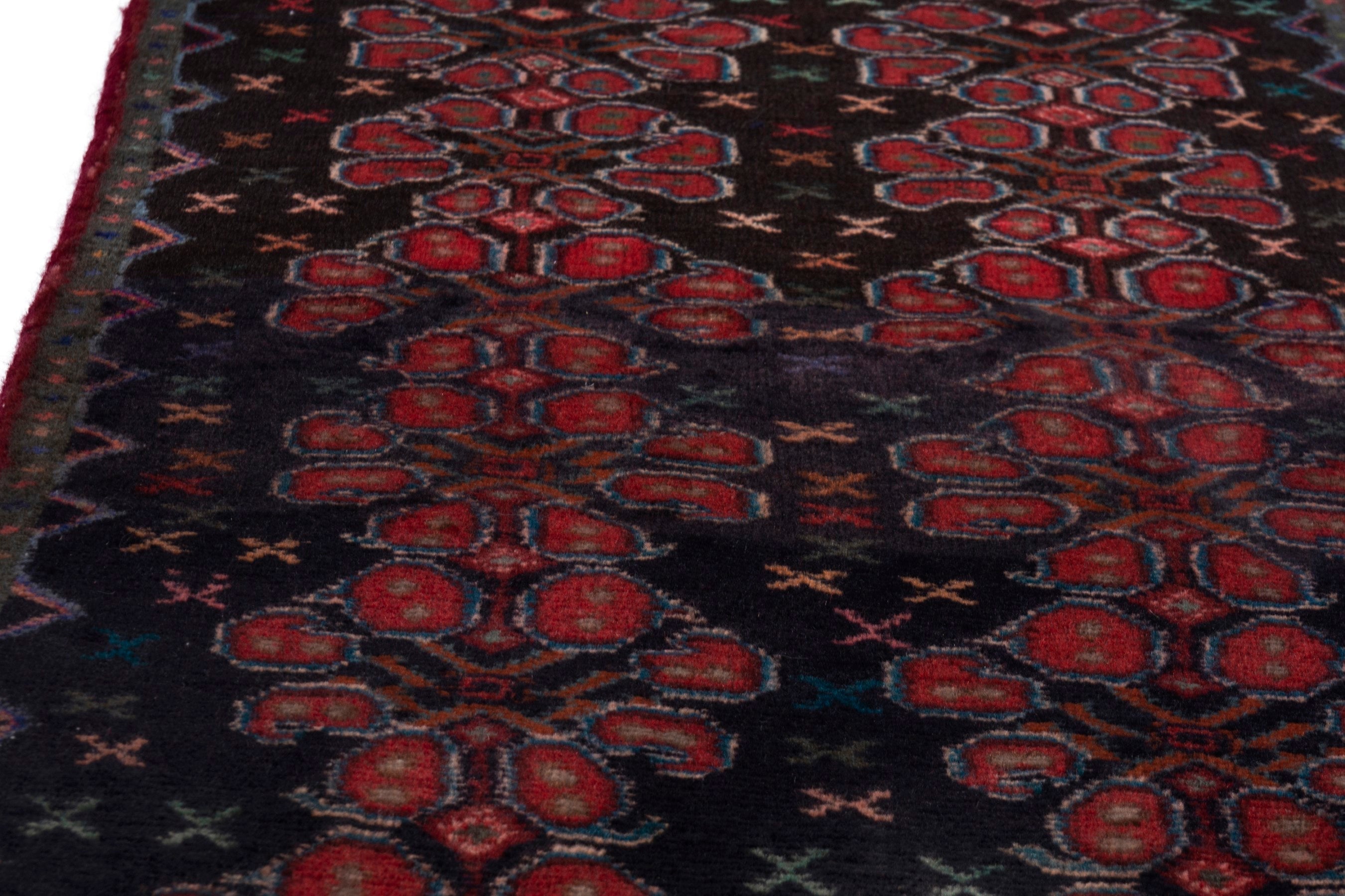 Persian Sanandaj runner rug in navy and burgundy, view 8 of 16