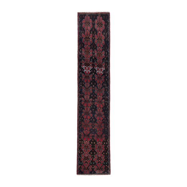 Persian Sanandaj runner rug in navy and burgundy, 1'10" x 8'10"