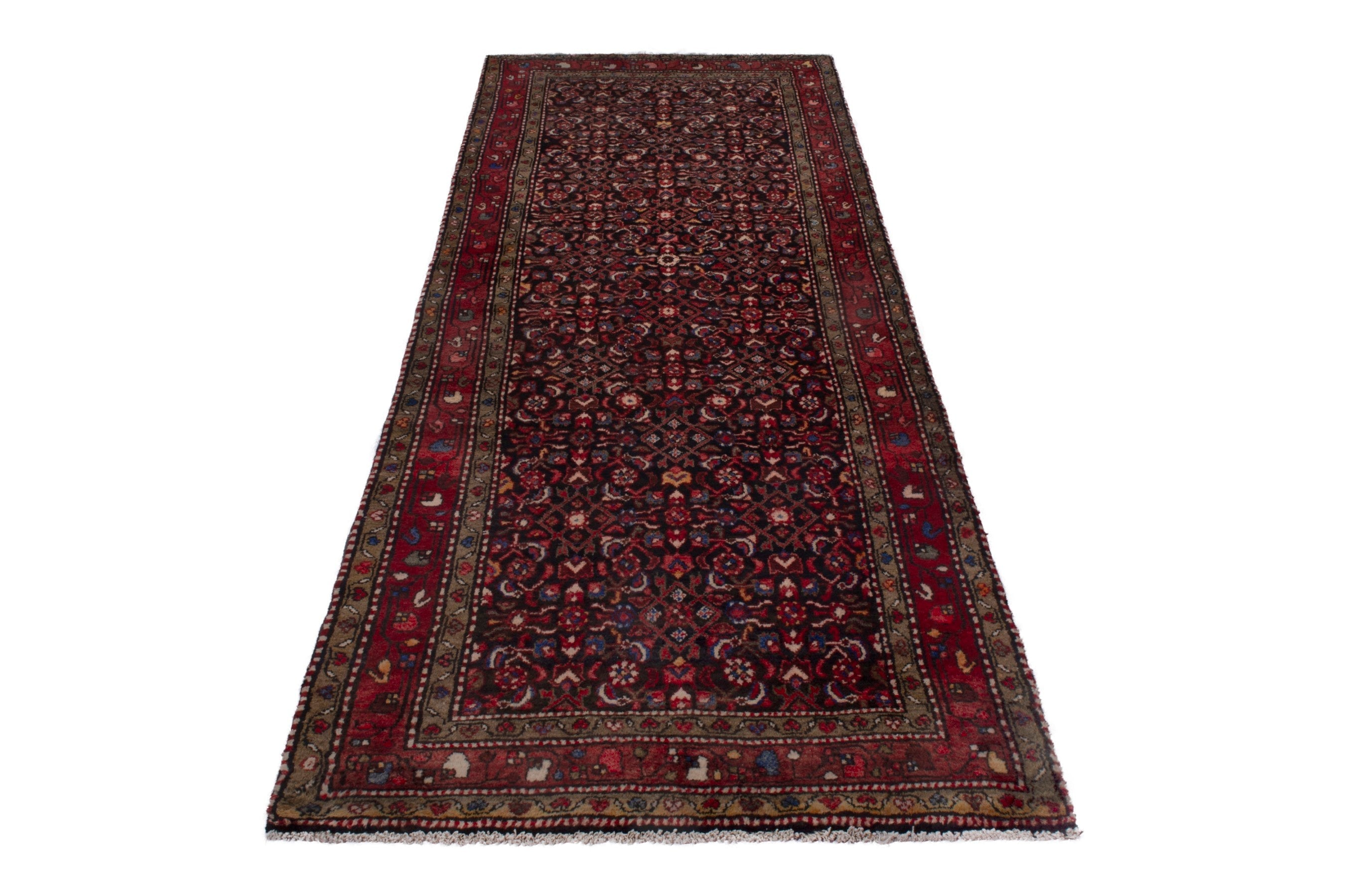 Persian Hamedan runner rug in burgundy and deep red, view 2 of 19