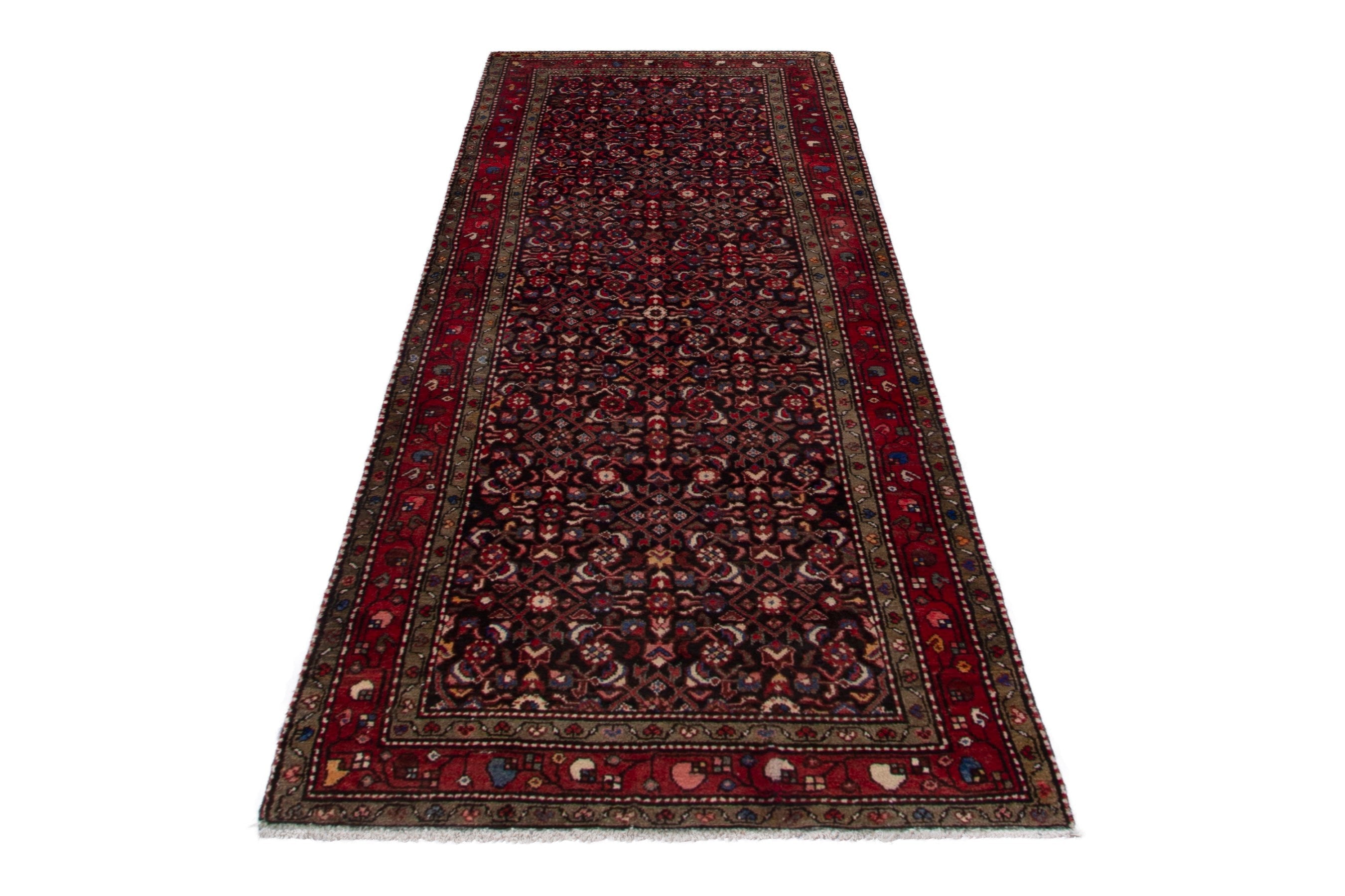 Persian Hamedan runner rug in burgundy and deep red, view 3 of 19