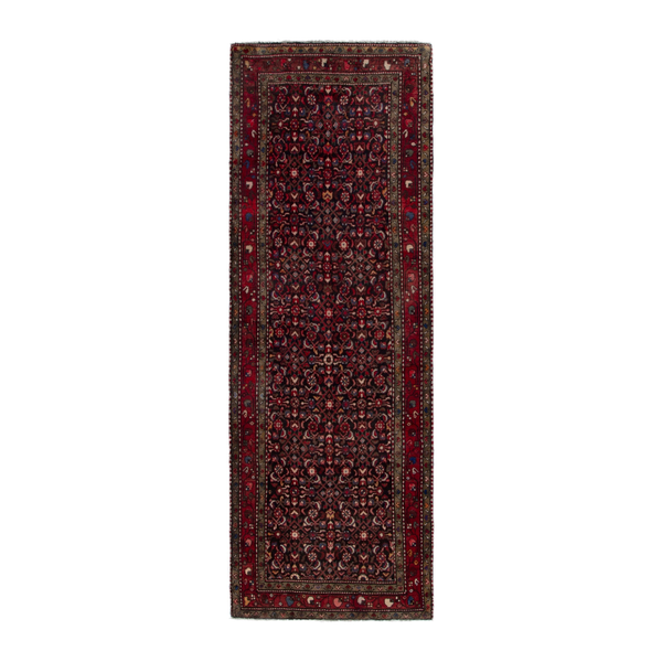 Persian Hamedan runner rug in burgundy and deep red, 3'7" x 10'