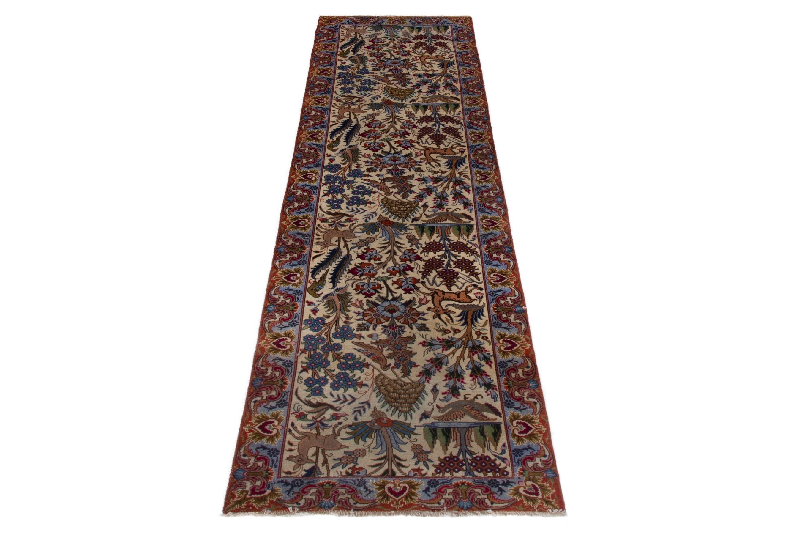 Persian Kashmar runner rug in cream and burgundy, view 2 of 18