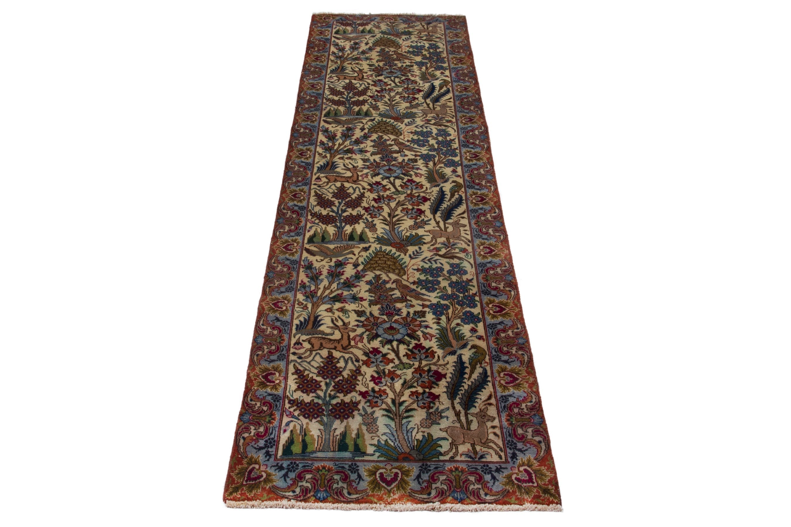 Persian Kashmar runner rug in cream and burgundy, view 3 of 18