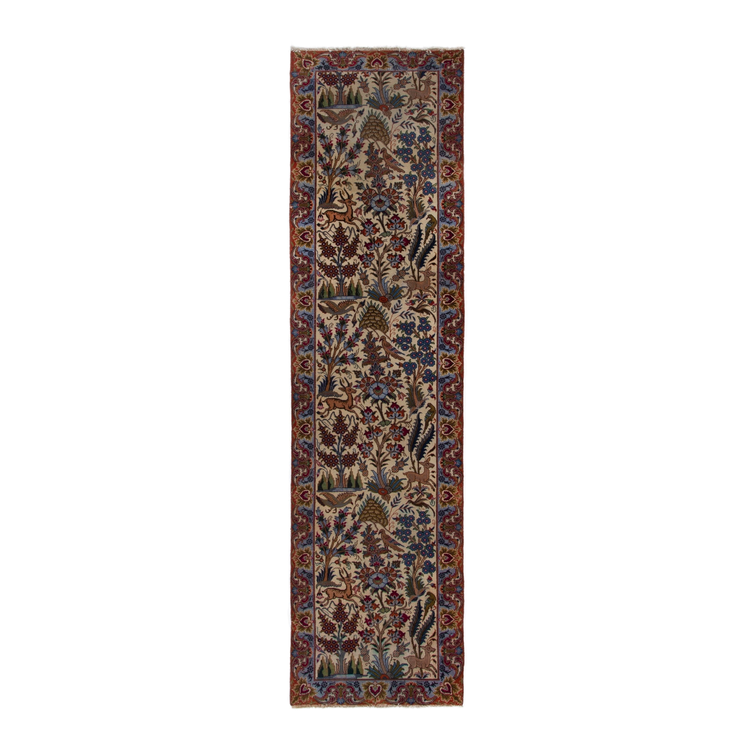 Persian Kashmar runner rug in cream and burgundy, 2'9" x 10'8"