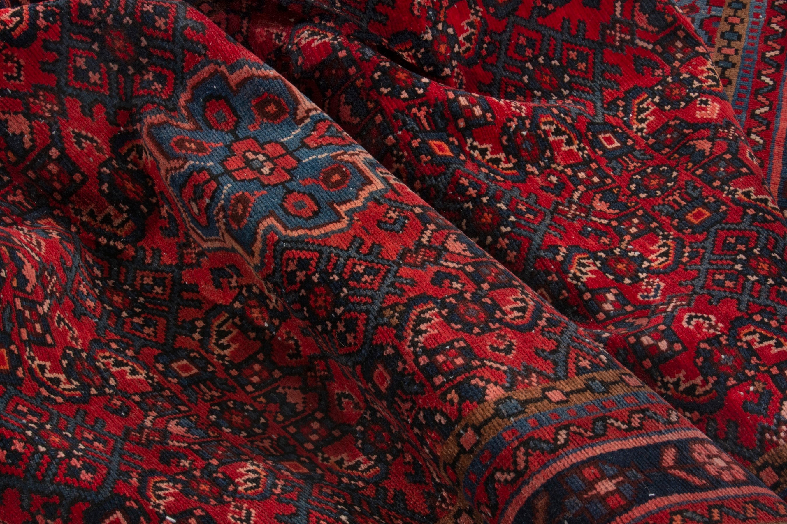 Persian Hosseinabad area rug in burgundy and dark blue, view 14 of 18