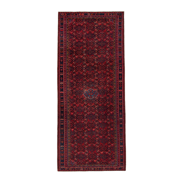 Persian Hossein Abad runner rug in burgundy and dark blue, 4'1" x 13'