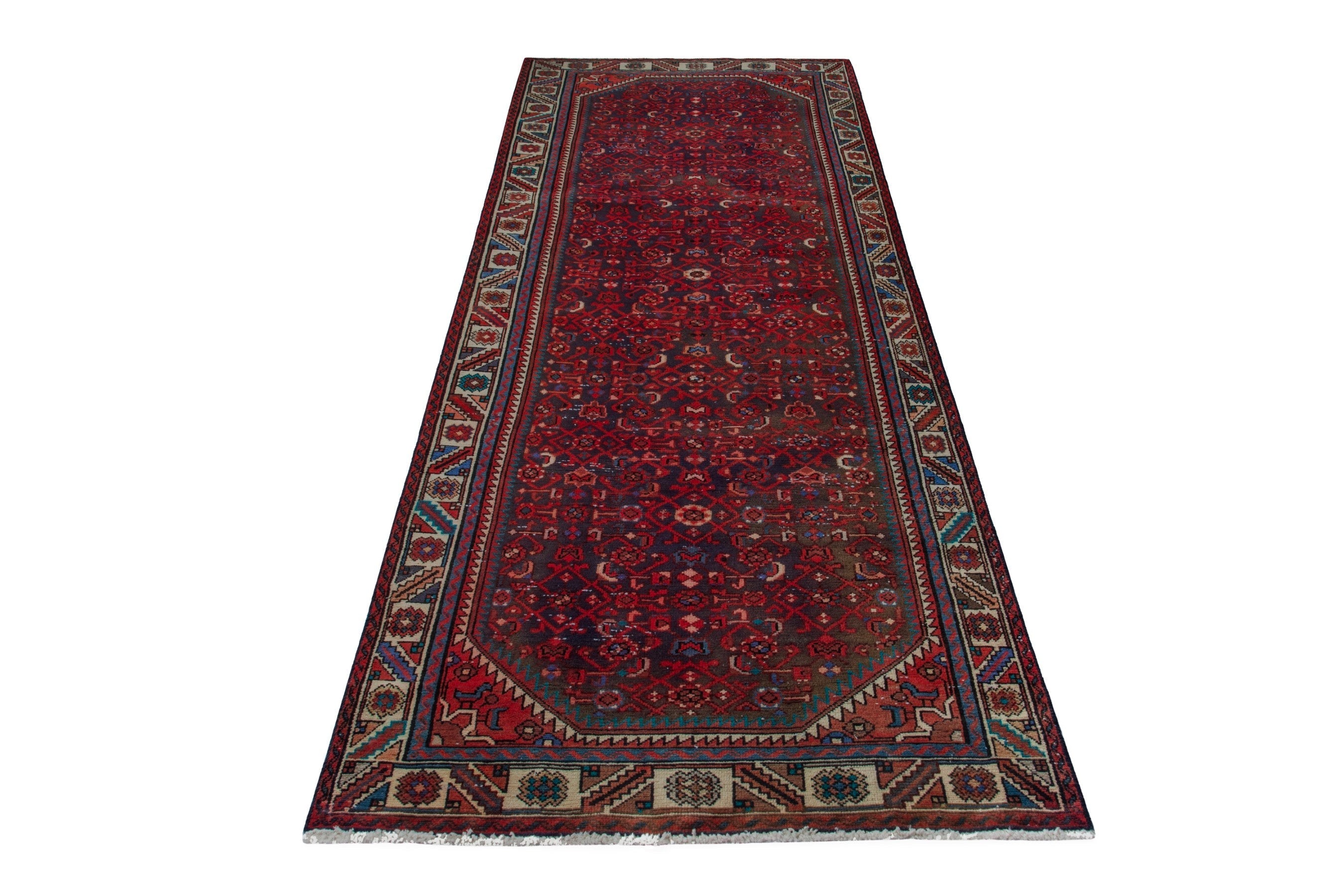 Persian Hamedan runner rug in burgundy and cream, view 2 of 20
