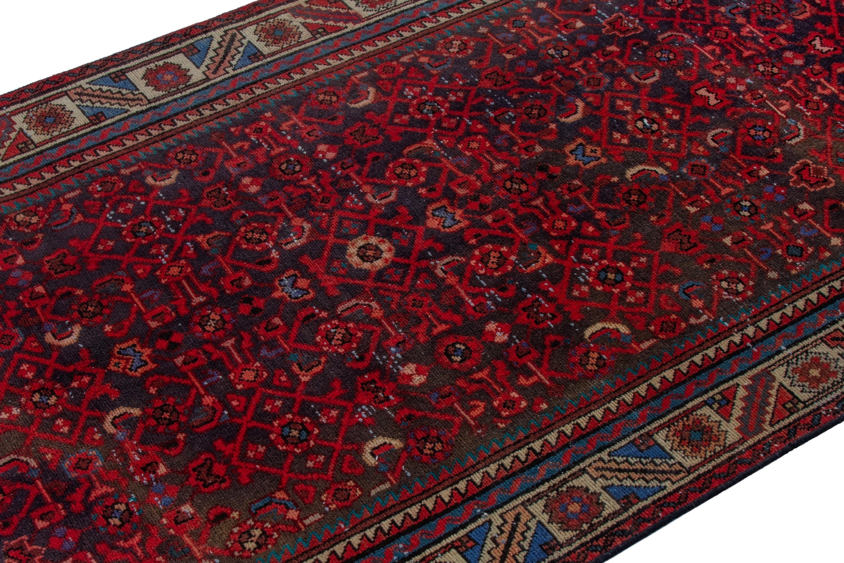 Persian Hamedan runner rug in burgundy and cream, view 6 of 20