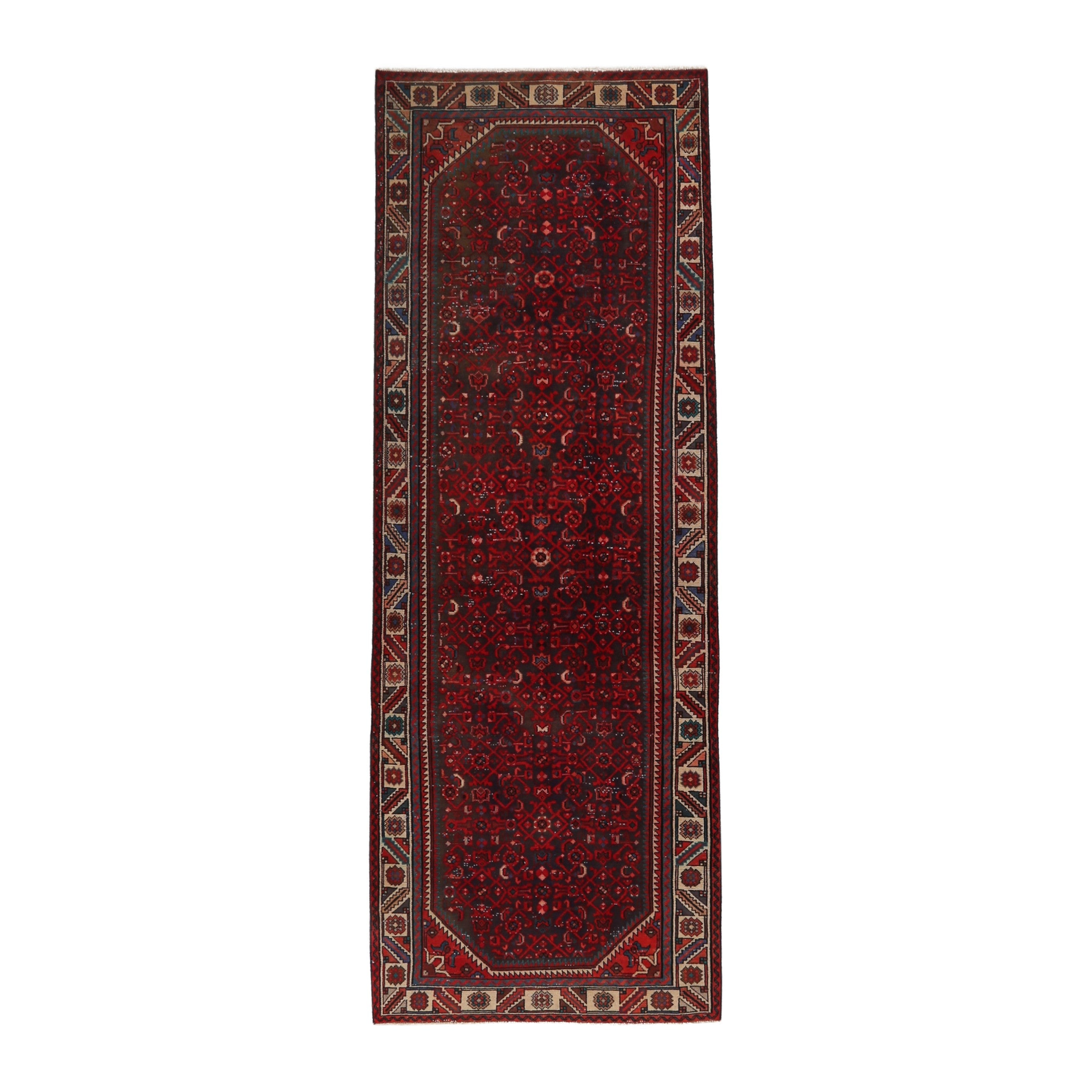 Persian Hamedan runner rug in burgundy and cream, 3'5" x 10'