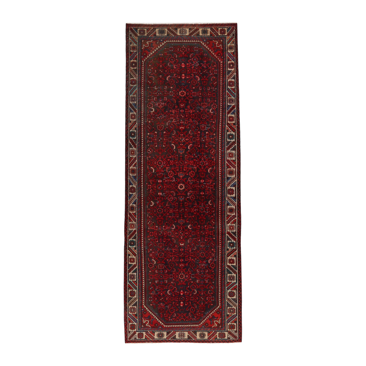 Persian Hamedan runner rug in burgundy and cream, 3'5" x 10'