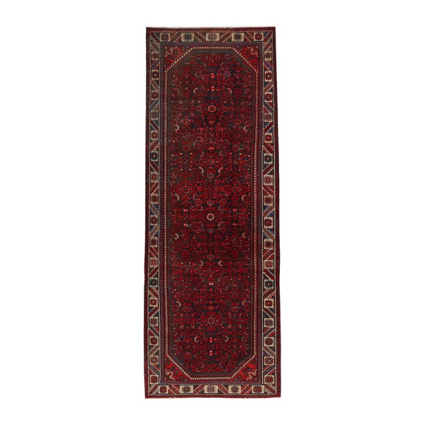 Persian Hamadan runner rug in burgundy and cream, 3'5" x 10'