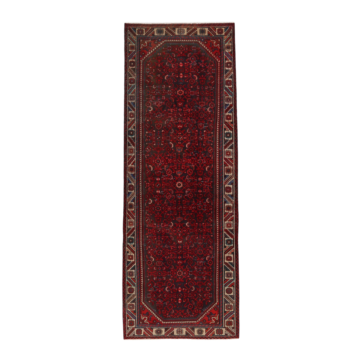 Persian Hamedan runner rug in burgundy and cream, 3'5" x 10'