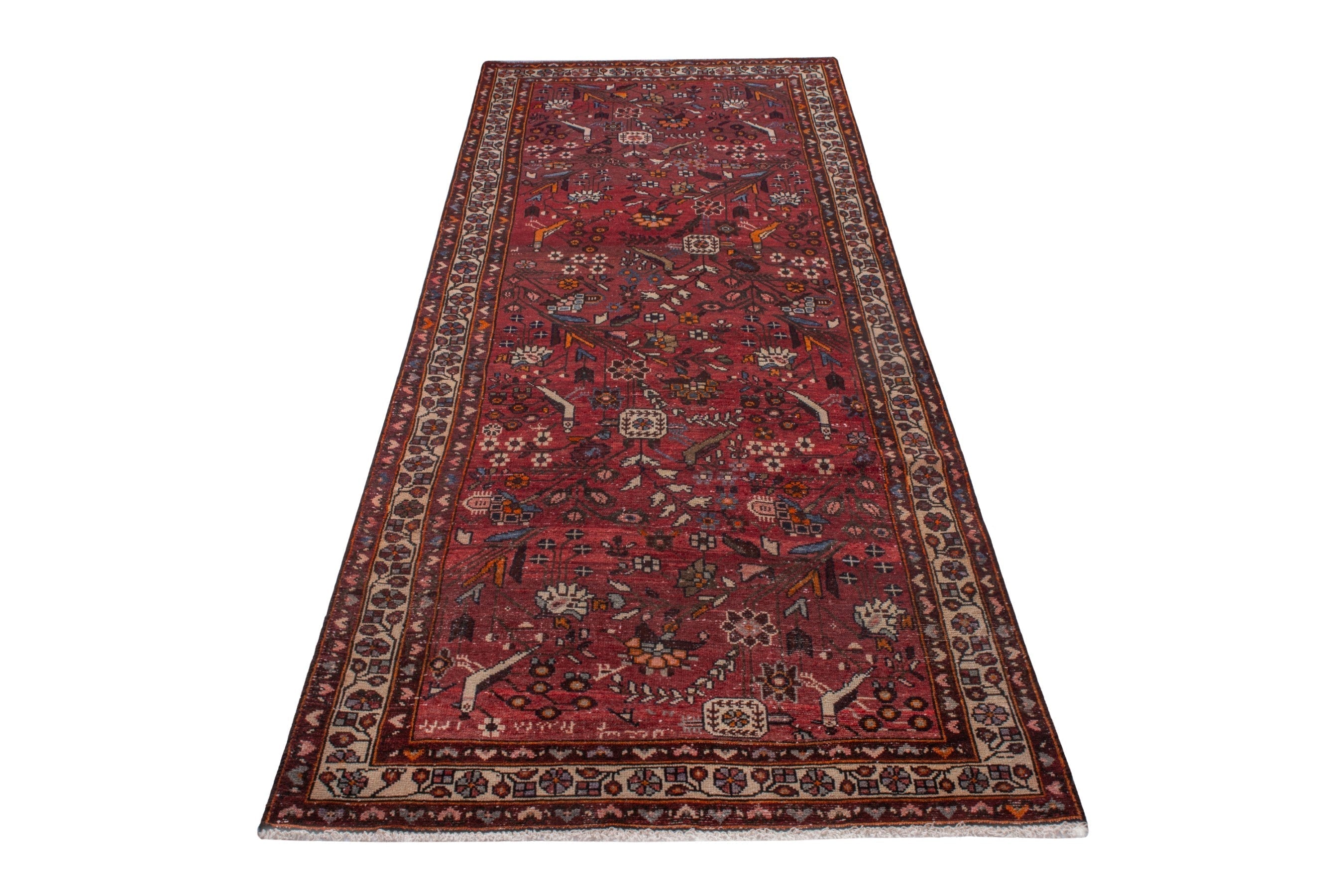 Persian Hamedan runner rug in deep red and off-white, view 3 of 20