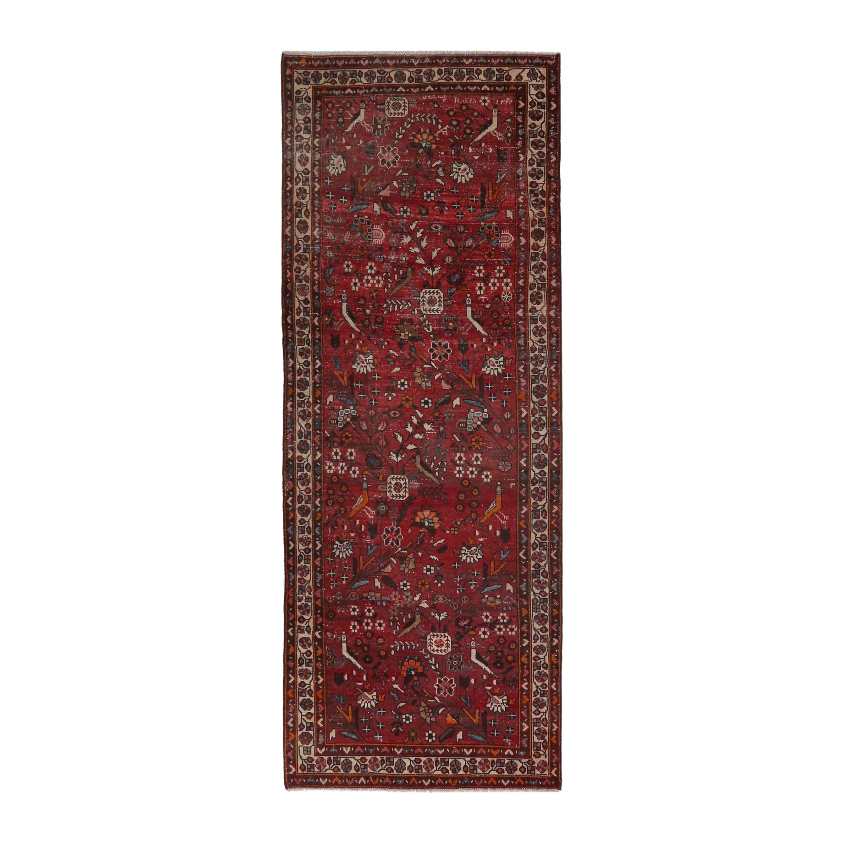 Persian Hamedan runner rug in deep red and off-white, 3'7" x 9'10"