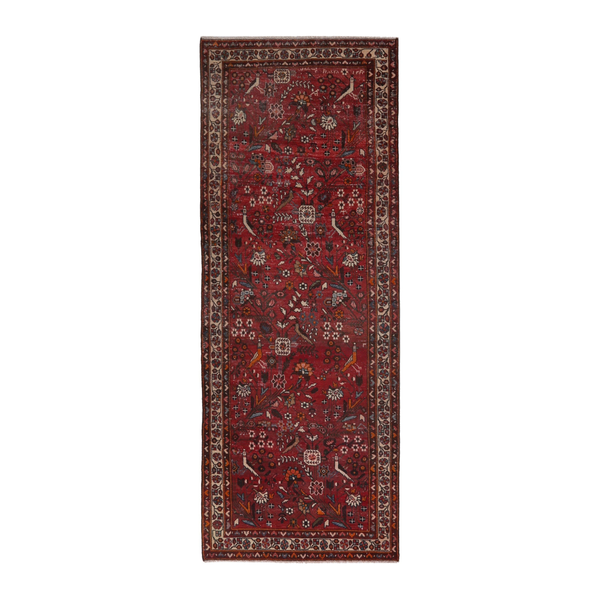 Persian Hamedan runner rug in deep red and off-white, 3'7" x 9'10"