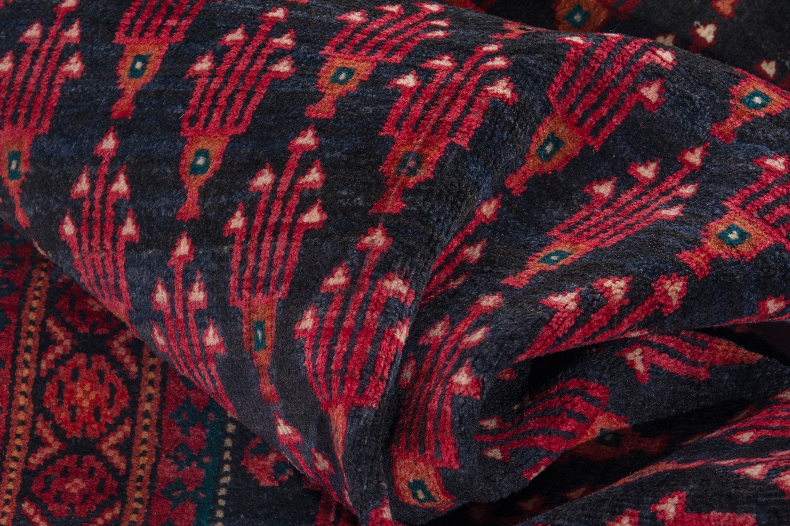 Persian Baluch runner rug in navy and burgundy, view 16 of 18