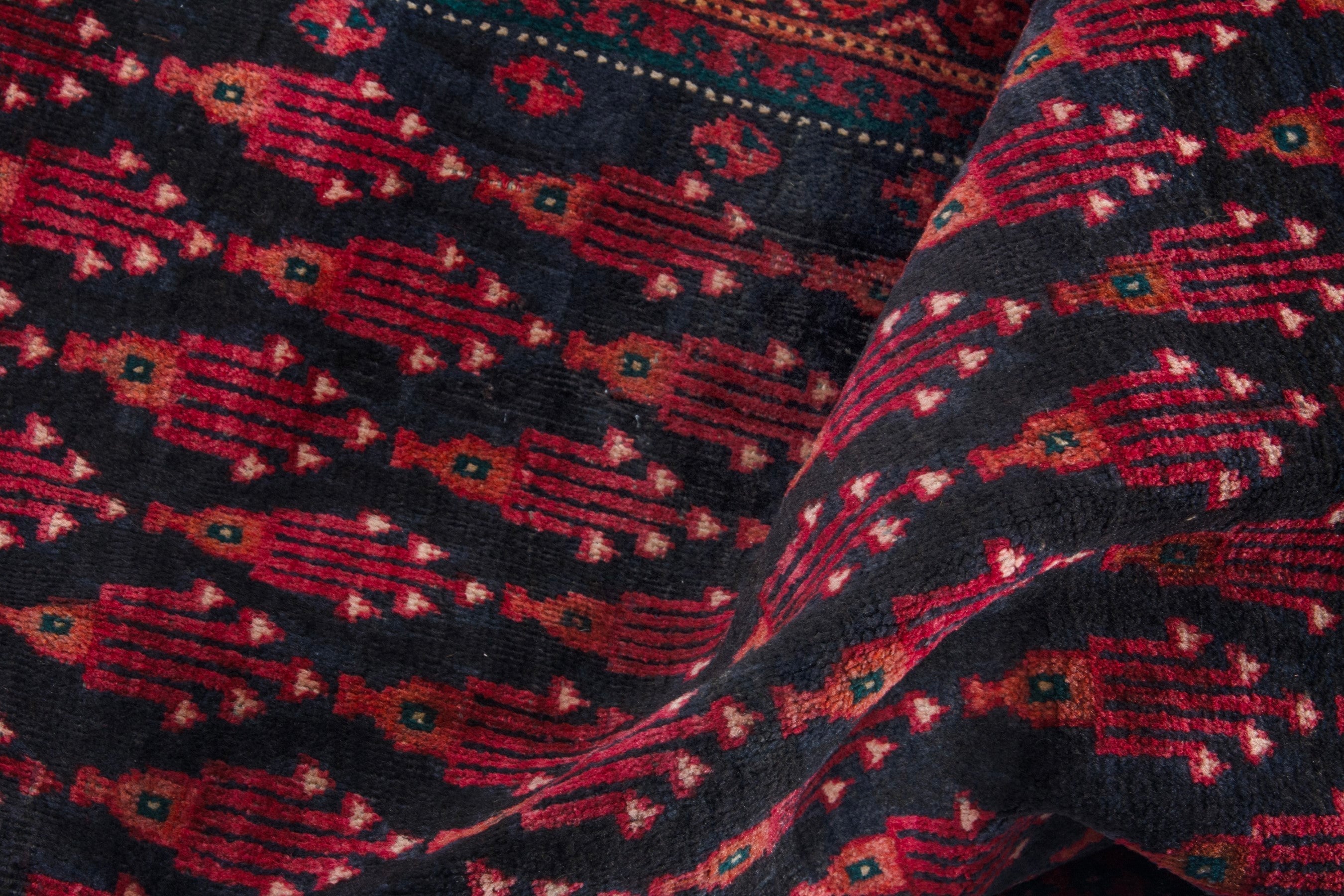 Persian Baluch runner rug in navy and burgundy, view 17 of 18