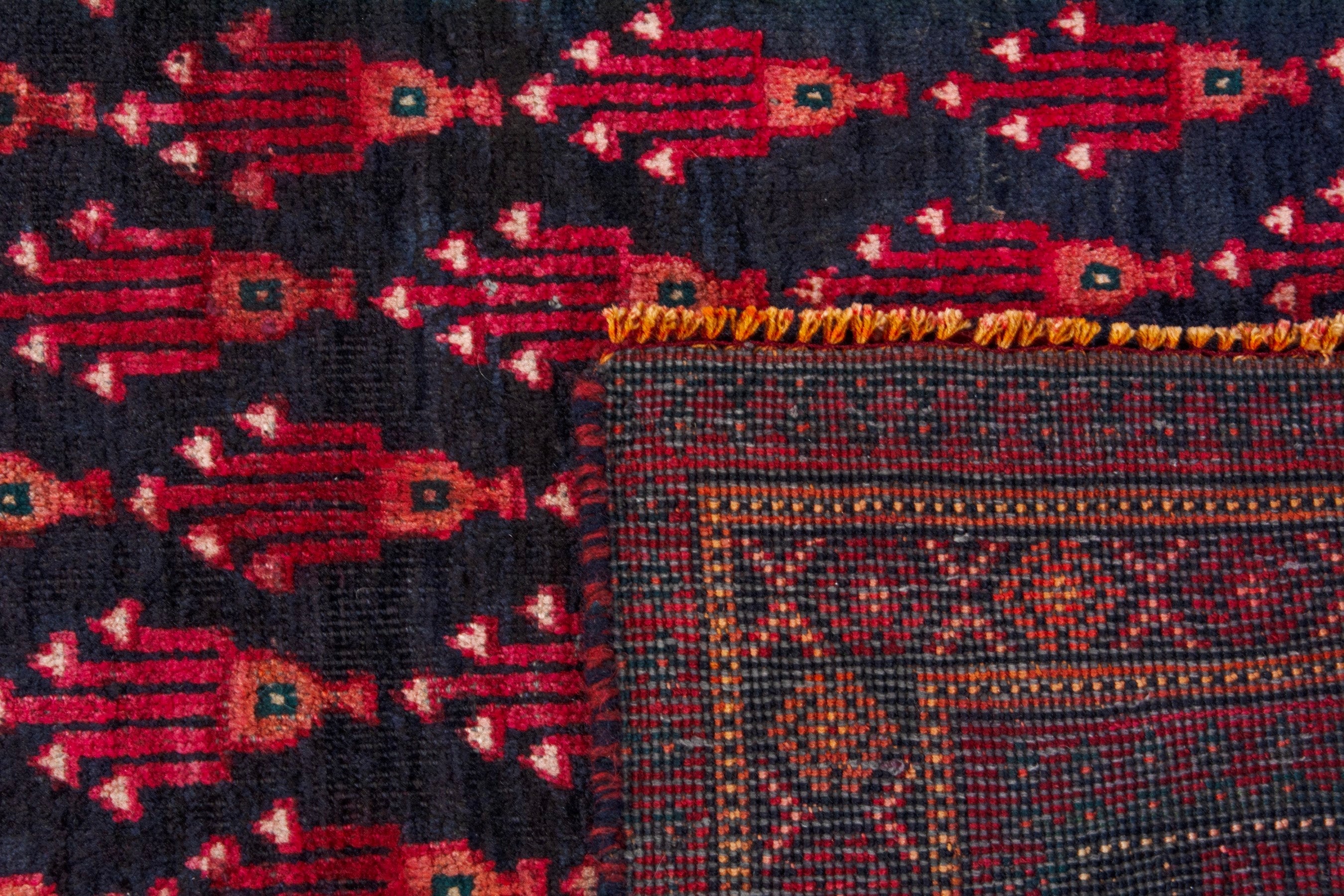 Persian Baluch runner rug in navy and burgundy, view 18 of 18