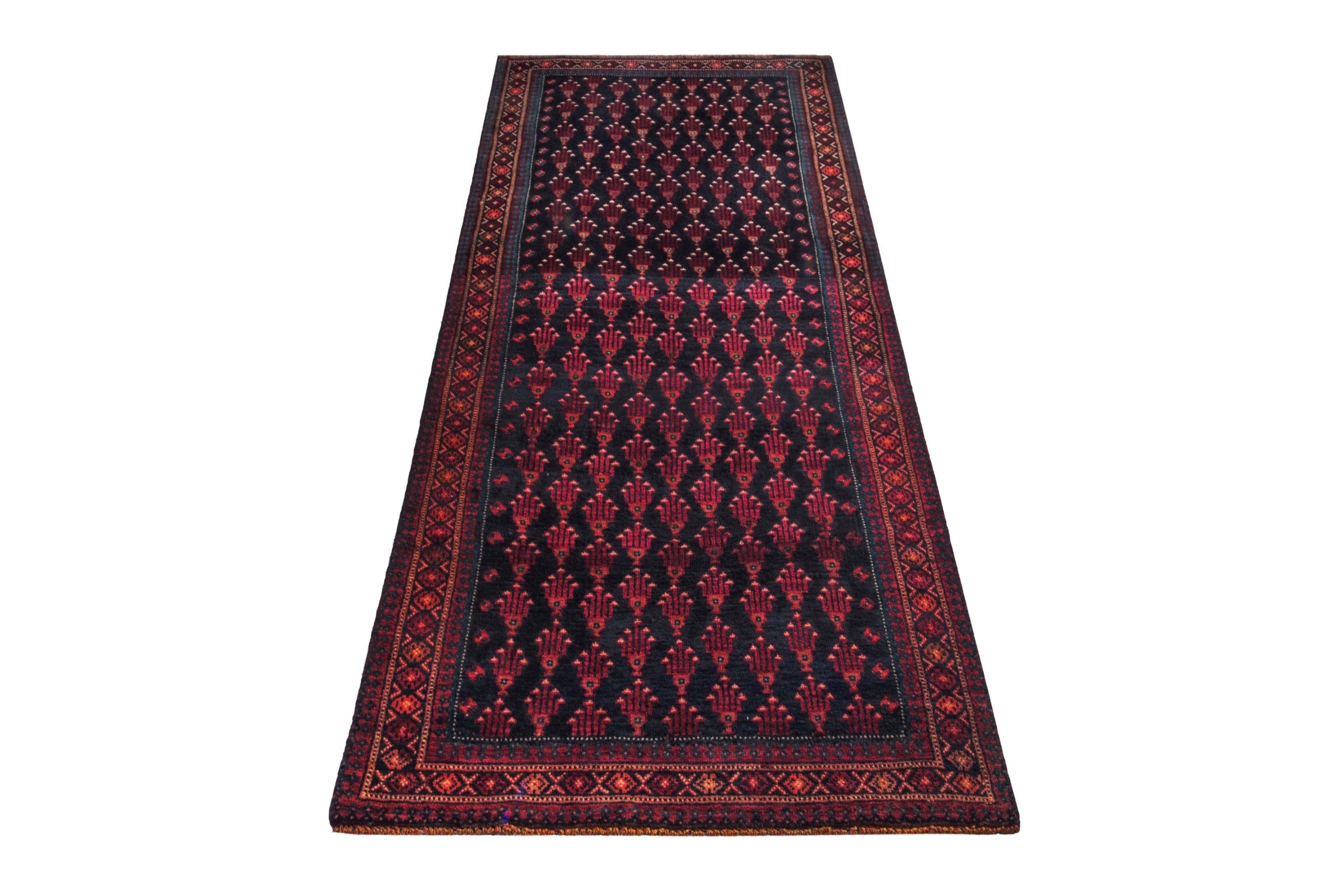 Persian Baluch runner rug in navy and burgundy, view 2 of 18