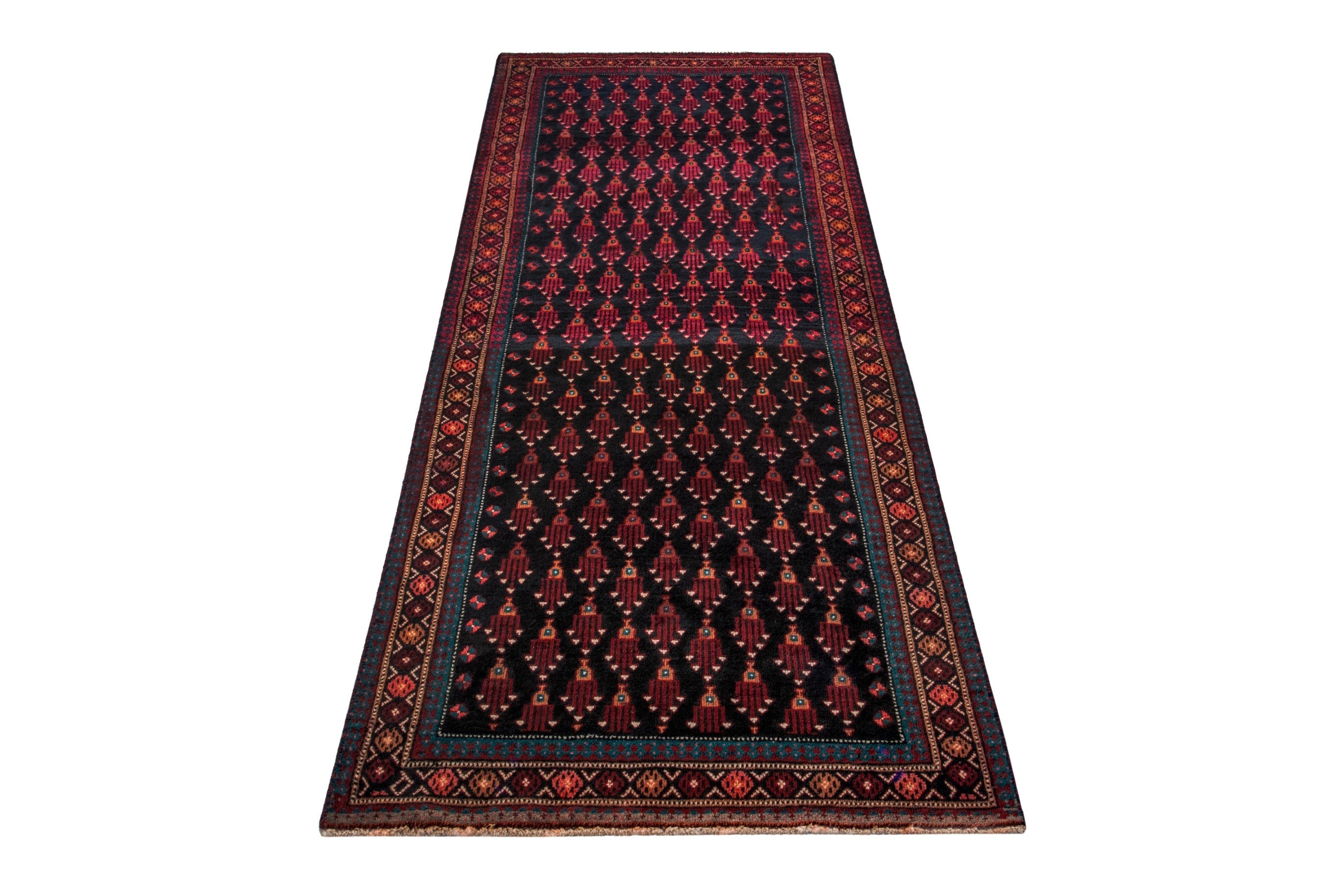 Persian Baluch runner rug in navy and burgundy, view 3 of 18