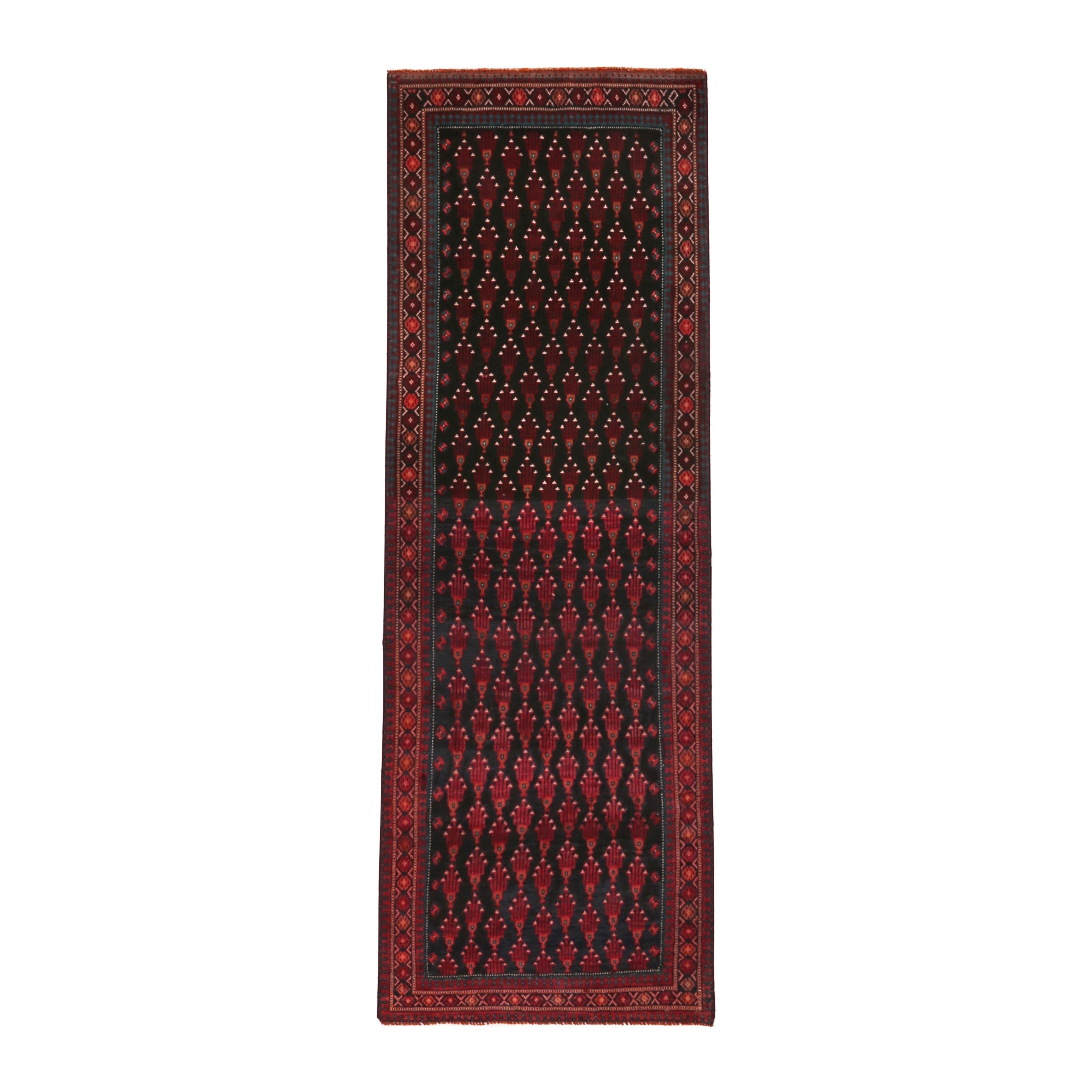 Persian Baluch runner rug in navy and burgundy, 2'11" x 9'