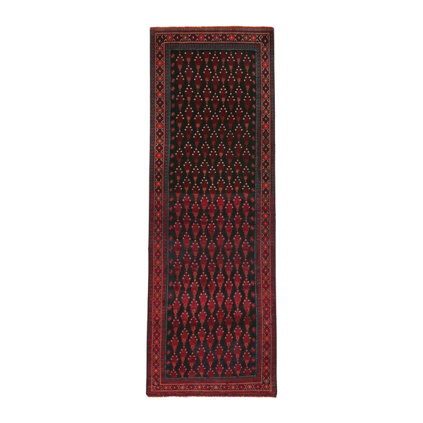 Persian Baluch runner rug in navy and burgundy, 2'11" x 9'