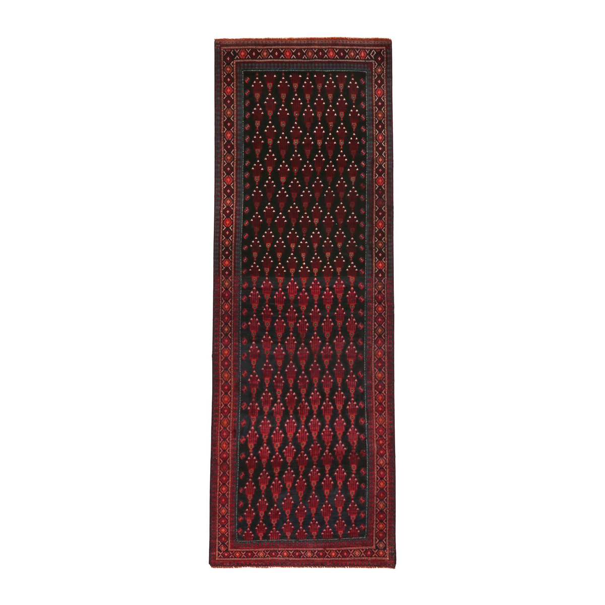 Persian Baluch runner rug in navy and burgundy, 2'11" x 9'