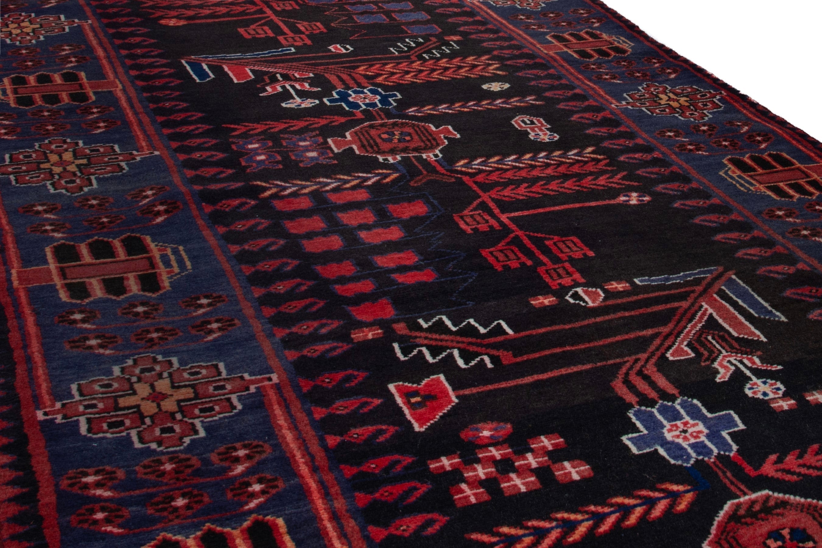 Persian Saveh runner rug in burgundy and navy, view 8 of 21