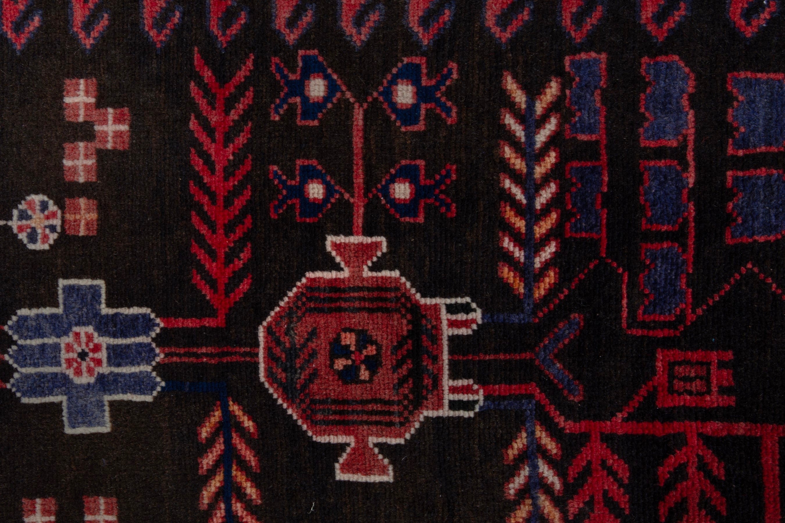 Persian Saveh runner rug in burgundy and navy, view 12 of 21