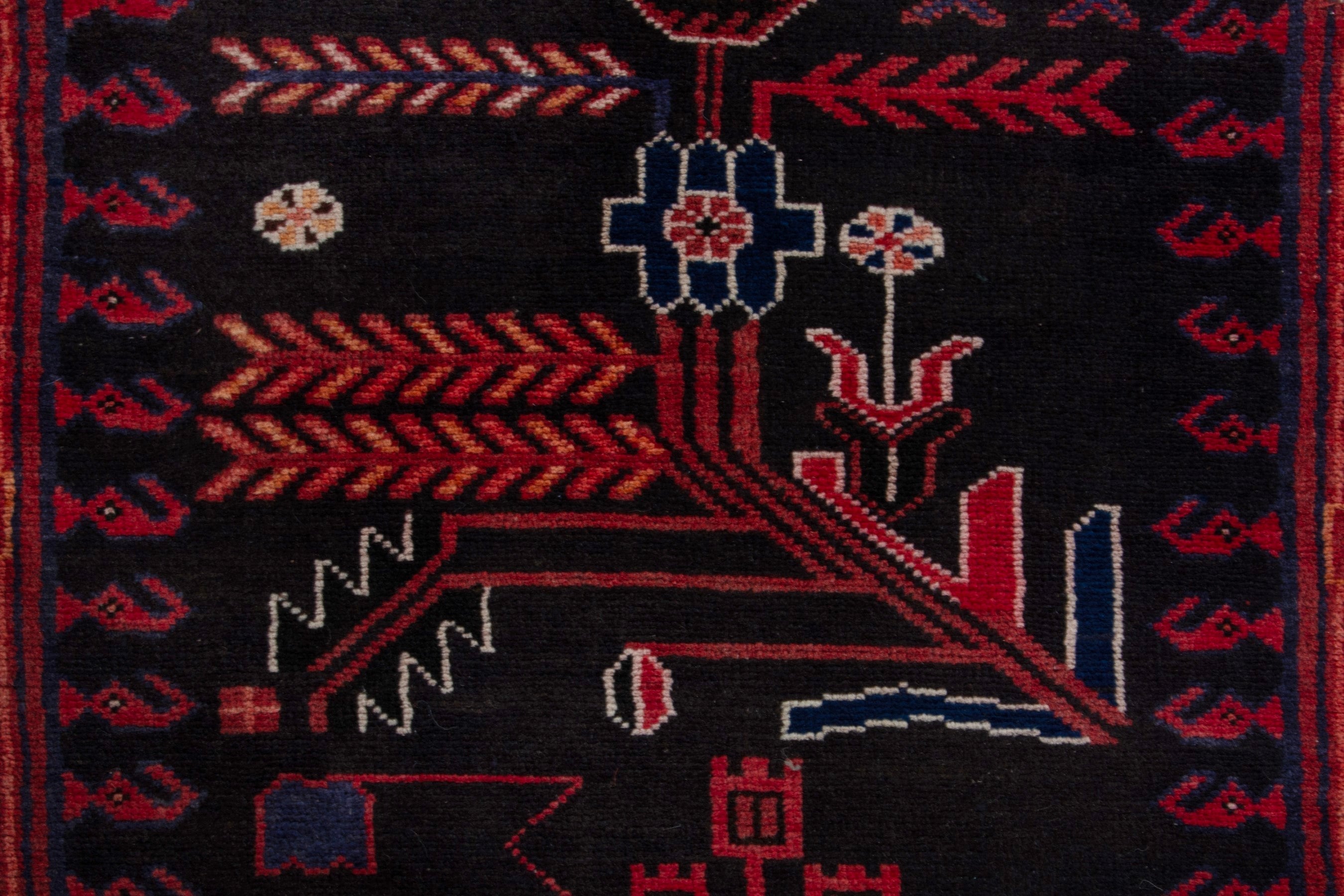 Persian Saveh runner rug in burgundy and navy, view 14 of 21
