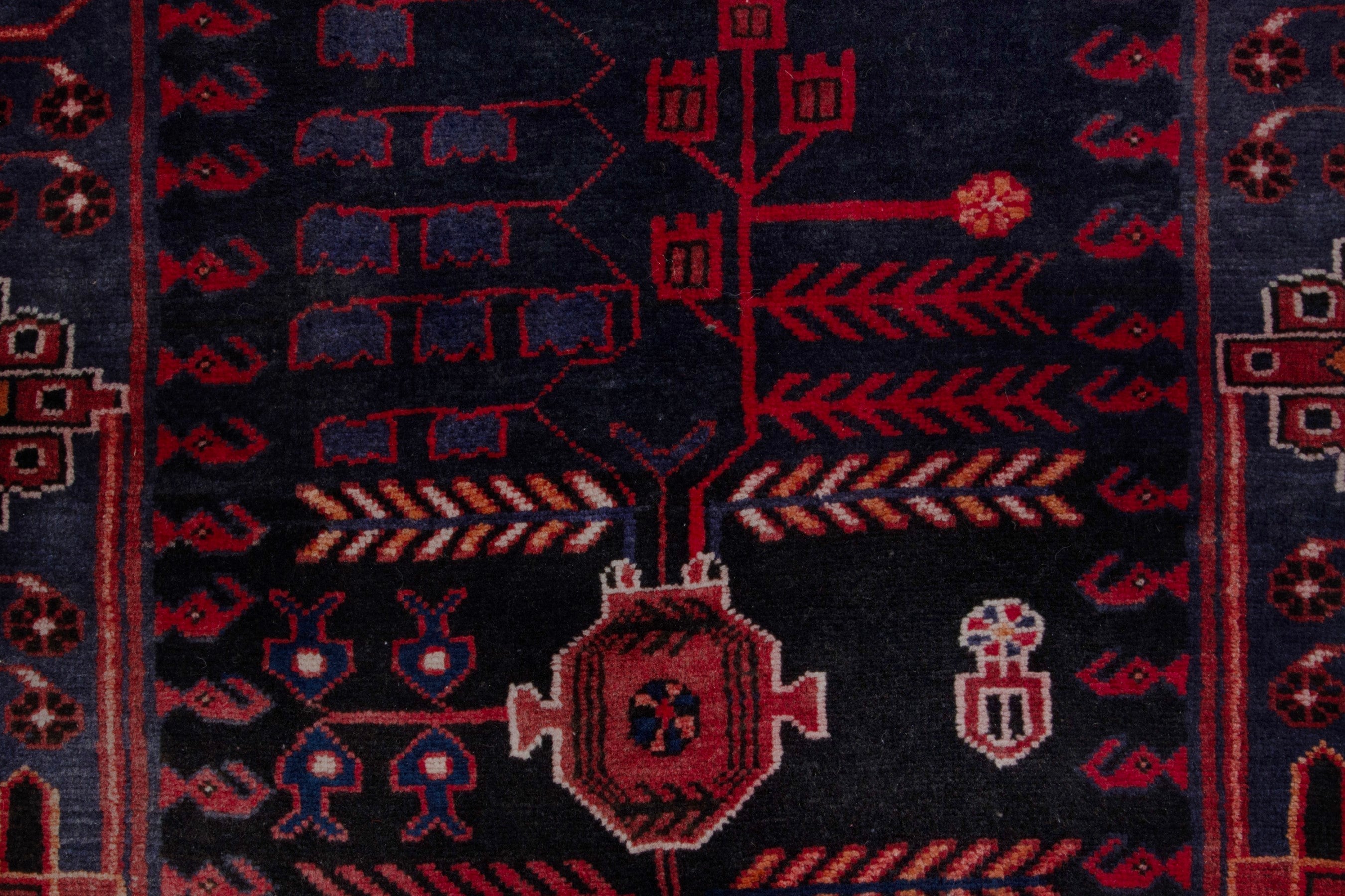 Persian Saveh runner rug in burgundy and navy, view 16 of 21