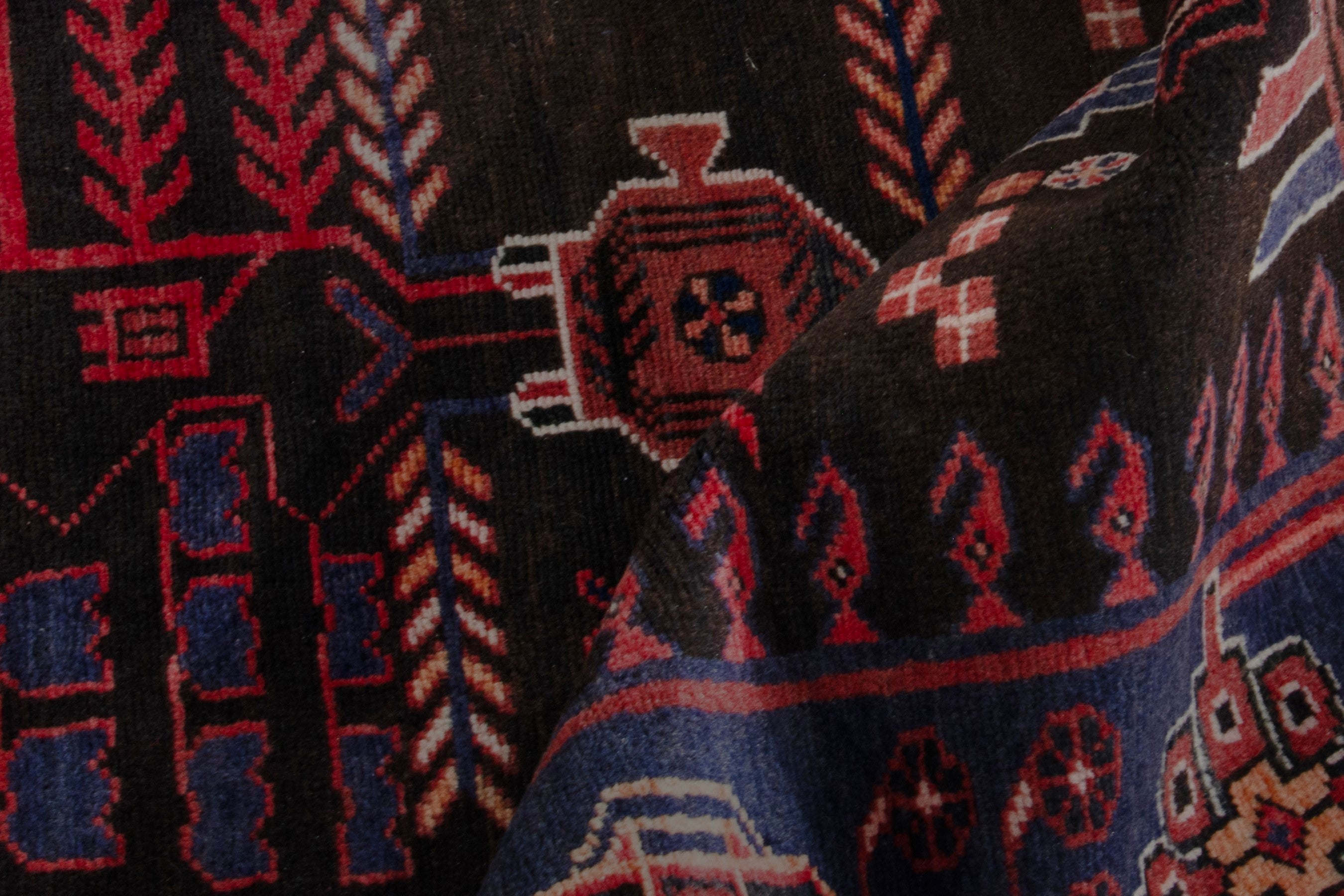 Persian Saveh runner rug in burgundy and navy, view 18 of 21