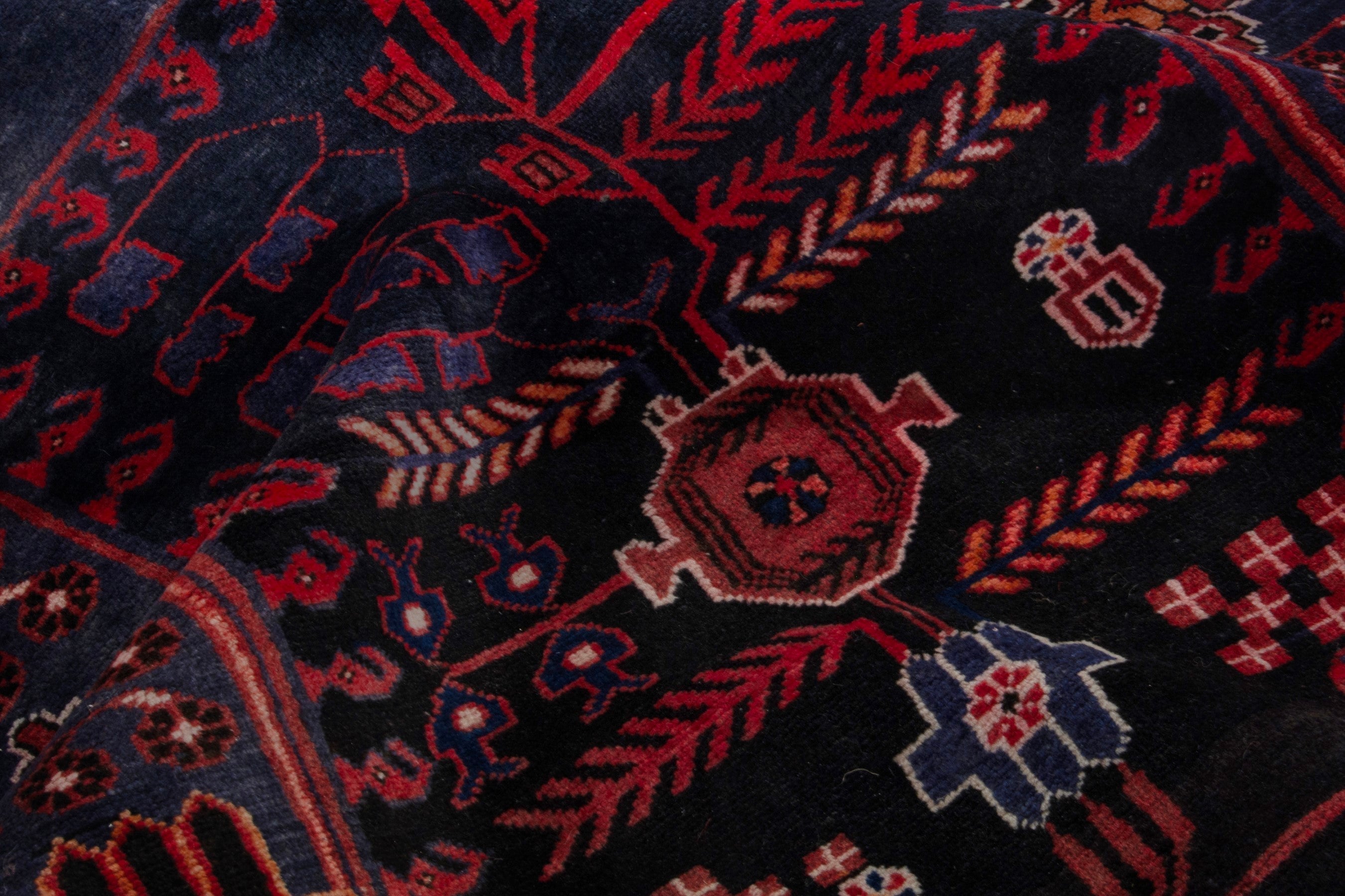Persian Saveh runner rug in burgundy and navy, view 19 of 21