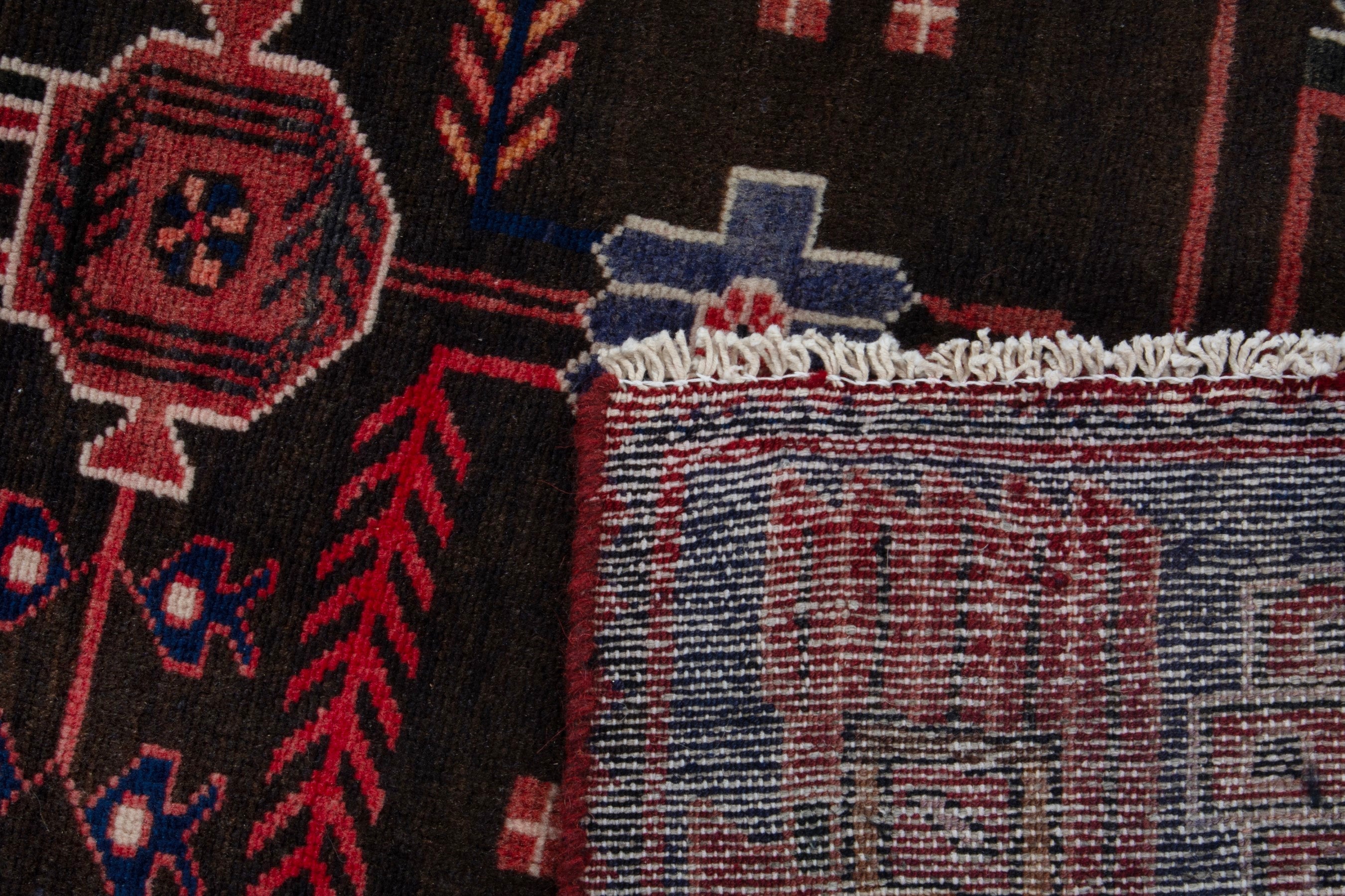 Persian Saveh runner rug in burgundy and navy, view 21 of 21