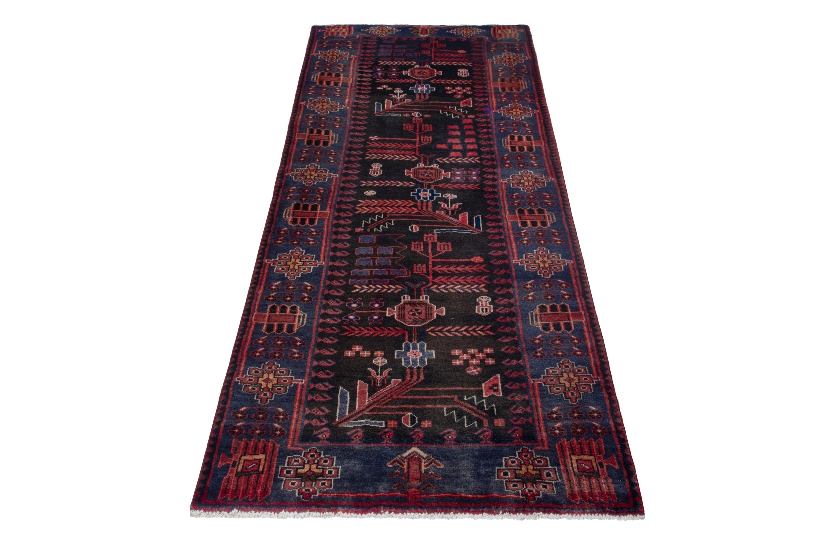 Persian Saveh runner rug in burgundy and navy, view 2 of 21