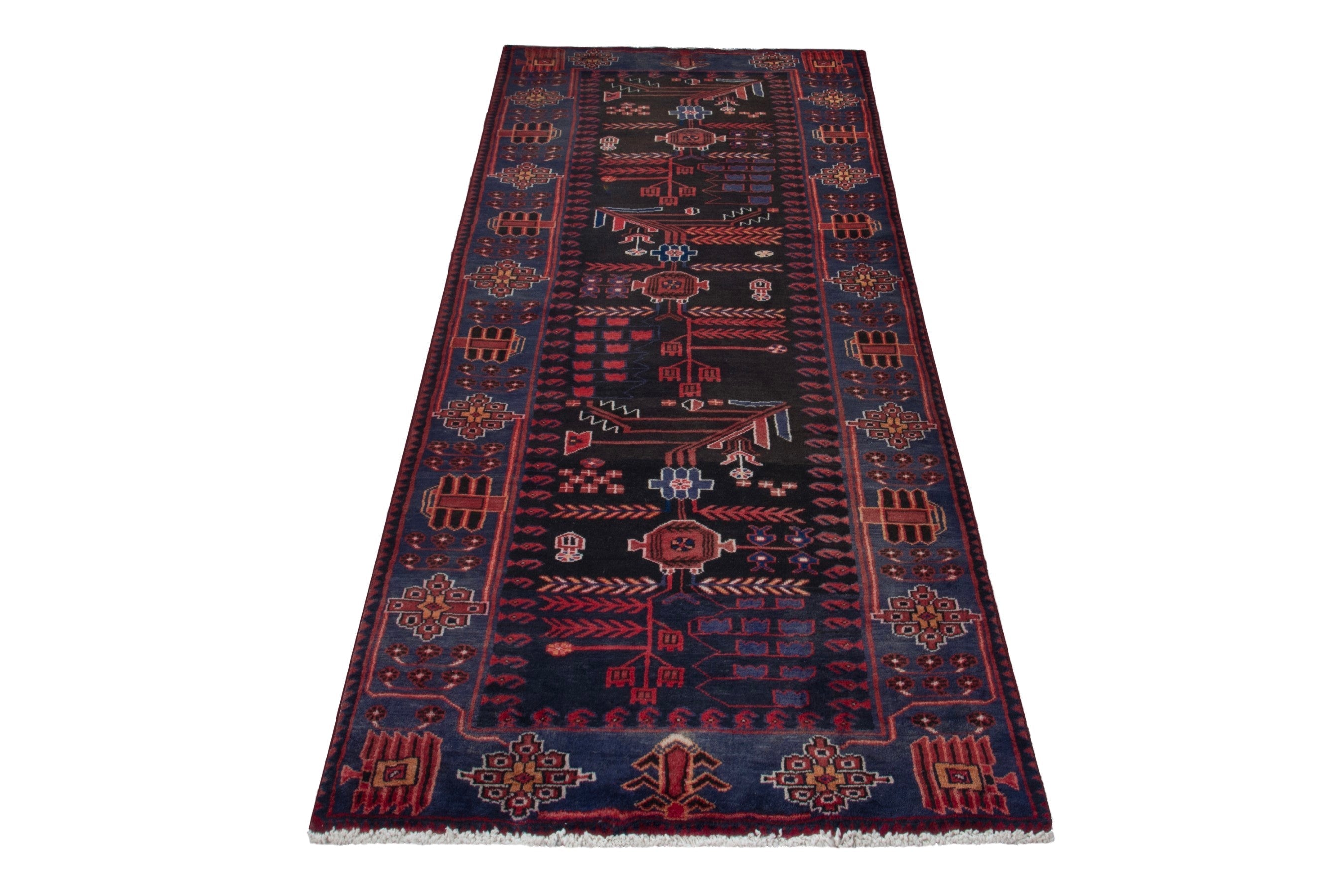 Persian Saveh runner rug in burgundy and navy, view 3 of 21