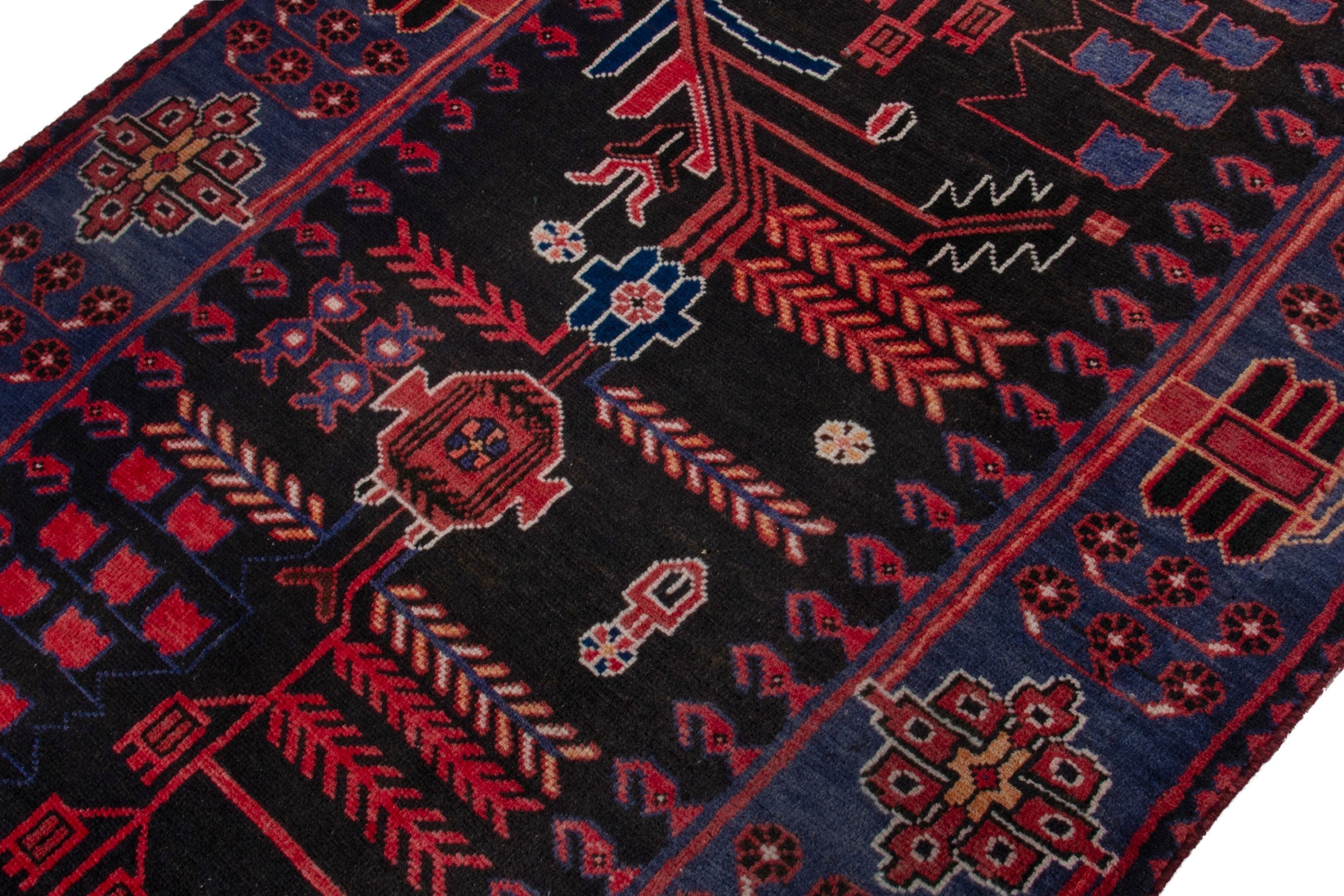Persian Saveh runner rug in burgundy and navy, view 6 of 21