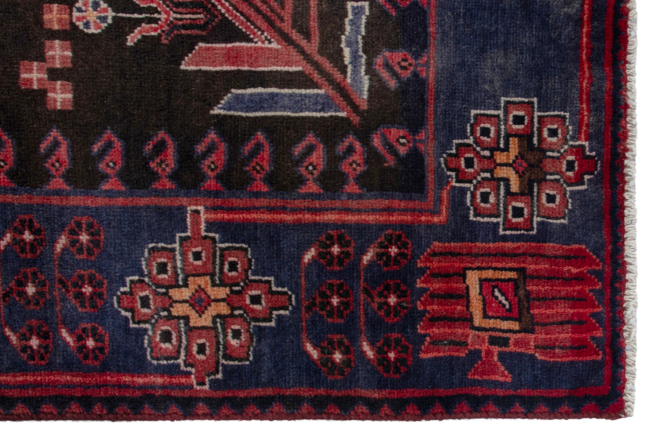 Persian Saveh runner rug in burgundy and navy, view 10 of 21