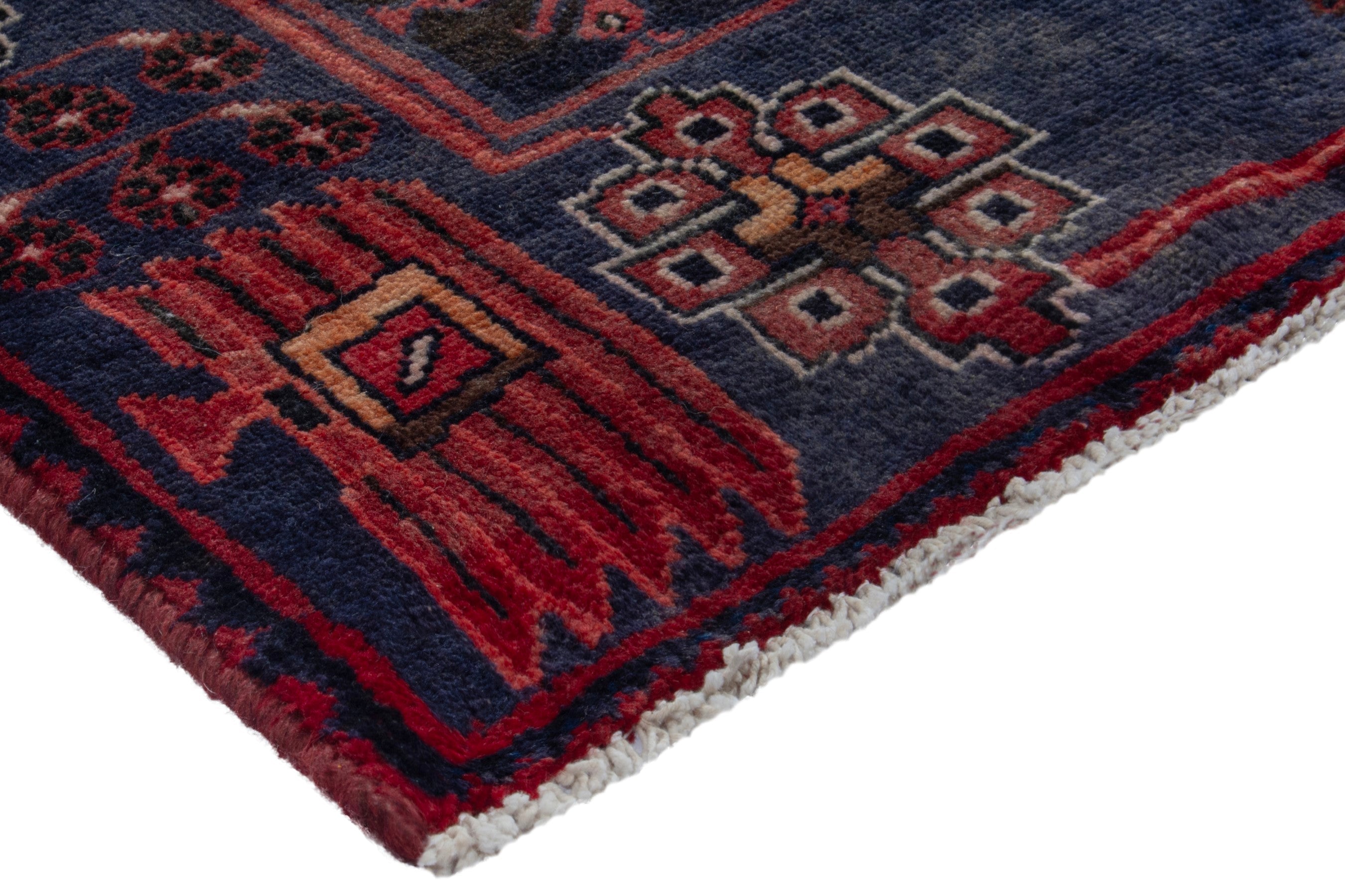 Persian Saveh runner rug in burgundy and navy, view 4 of 21