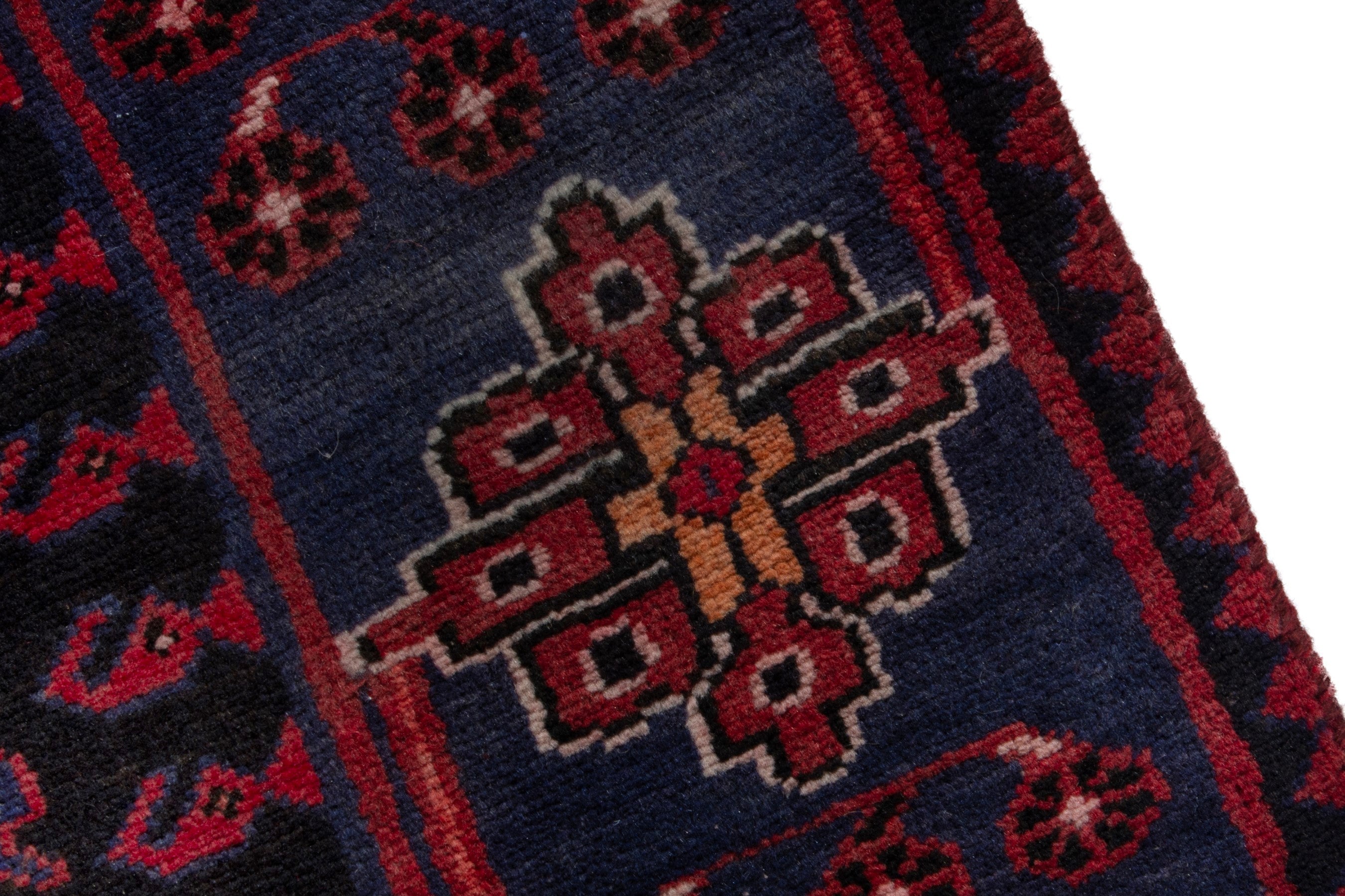 Persian Saveh runner rug in burgundy and navy, view 9 of 21