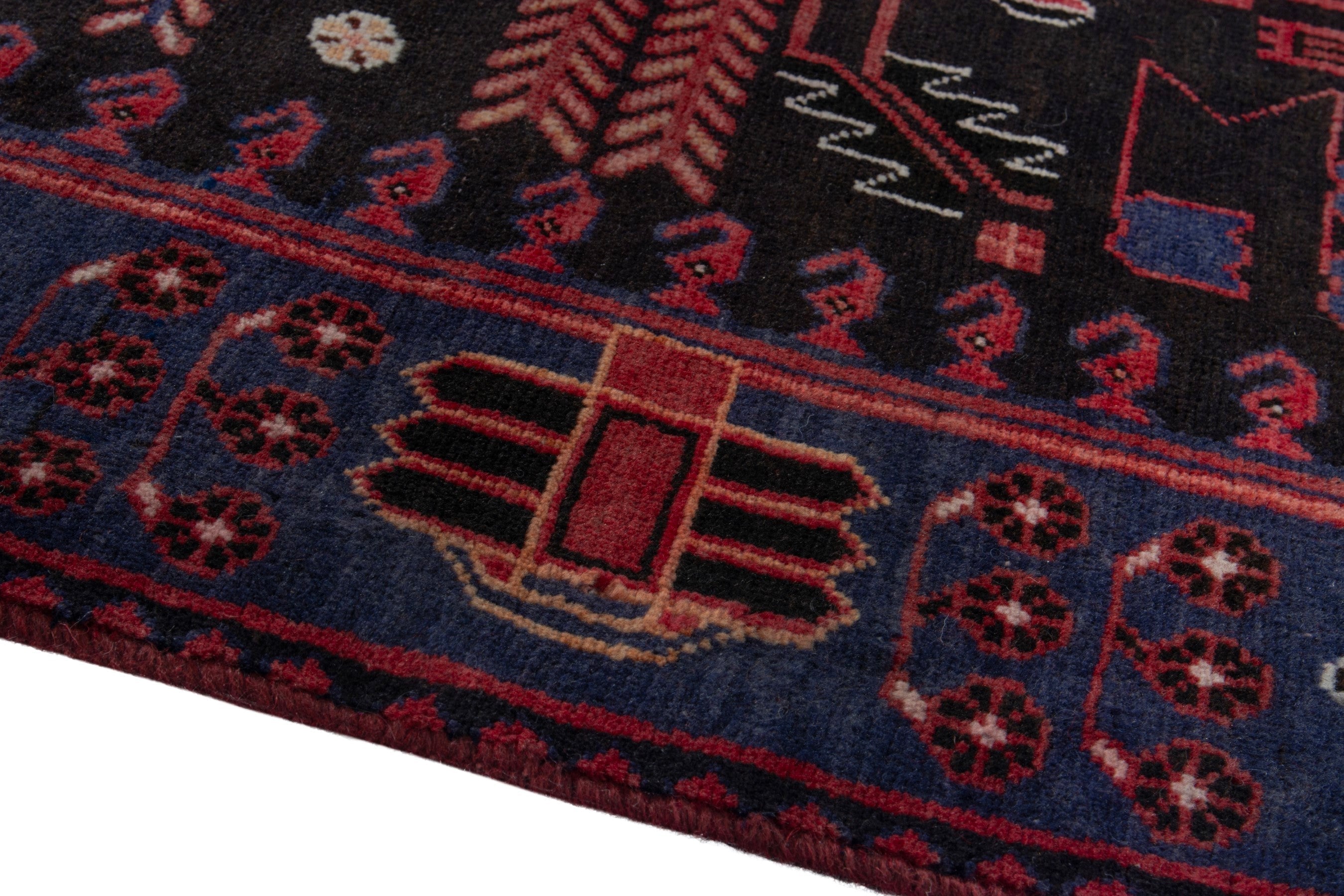 Persian Saveh runner rug in burgundy and navy, view 5 of 21