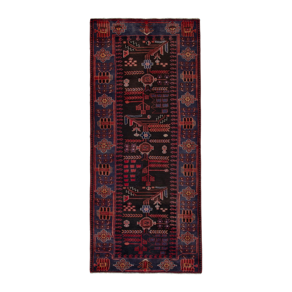 Persian Saveh runner rug in burgundy and navy, 3'5" x 10'2"