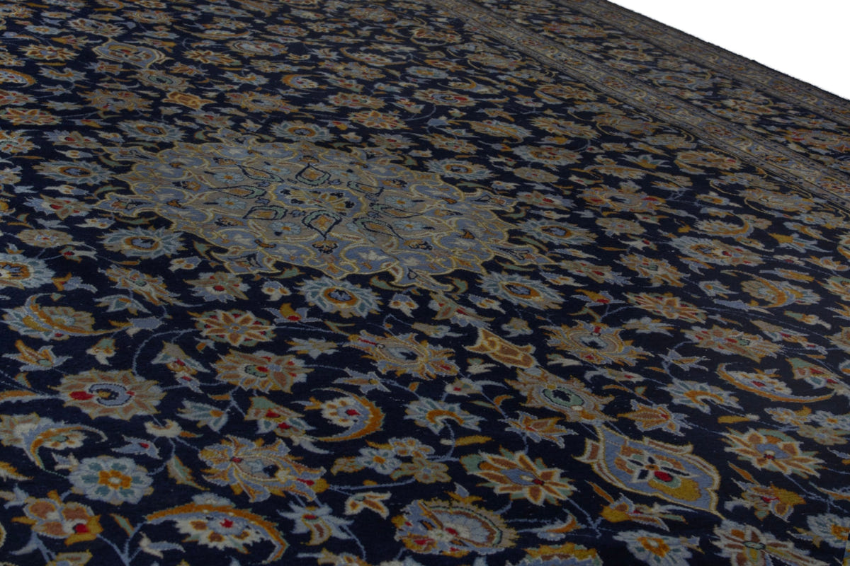Persian Kashan oversized rug in navy and cream, view 11 of 20