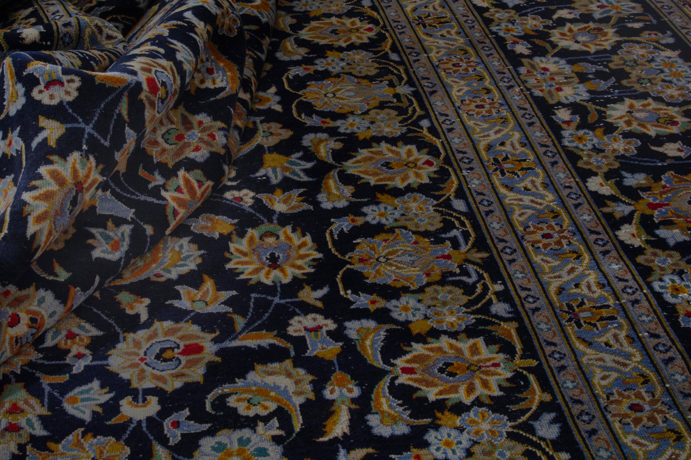 Persian Kashan oversized rug in navy and cream, view 16 of 19